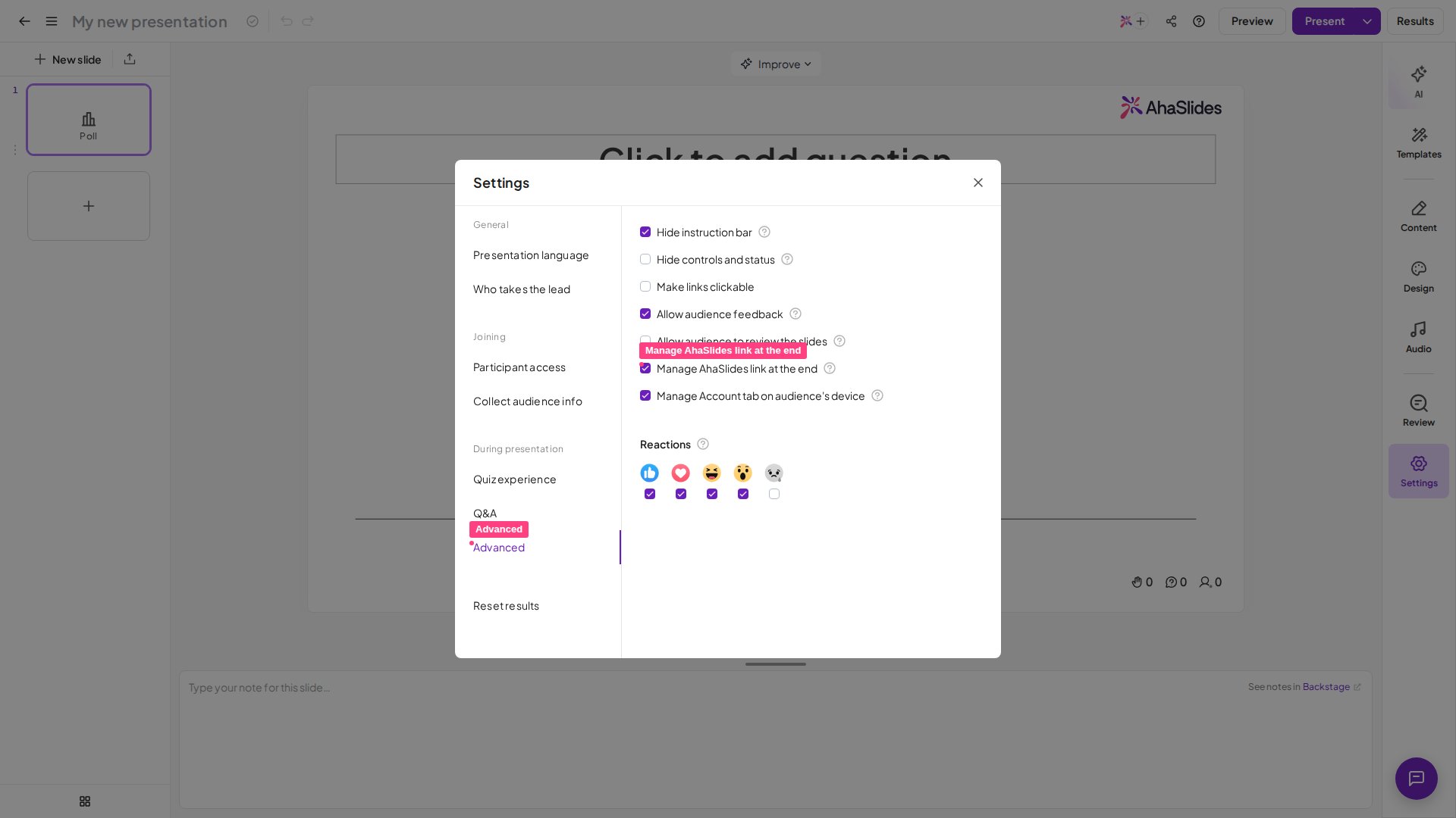 The Advanced tab of the AhaSlides settings menu, with the Manage AhaSlides link at the end option highlighted