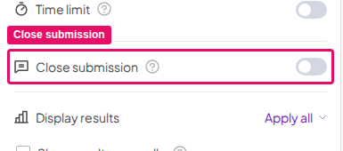 The Close submission toggle highlighted in a slide's Content tab in the AhaSlides editor