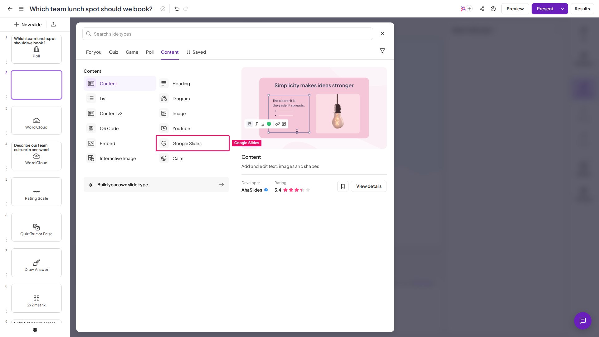 Il tipo di slide Google Slides di AhaSlides evidenziato nel selettore dei tipi di slide