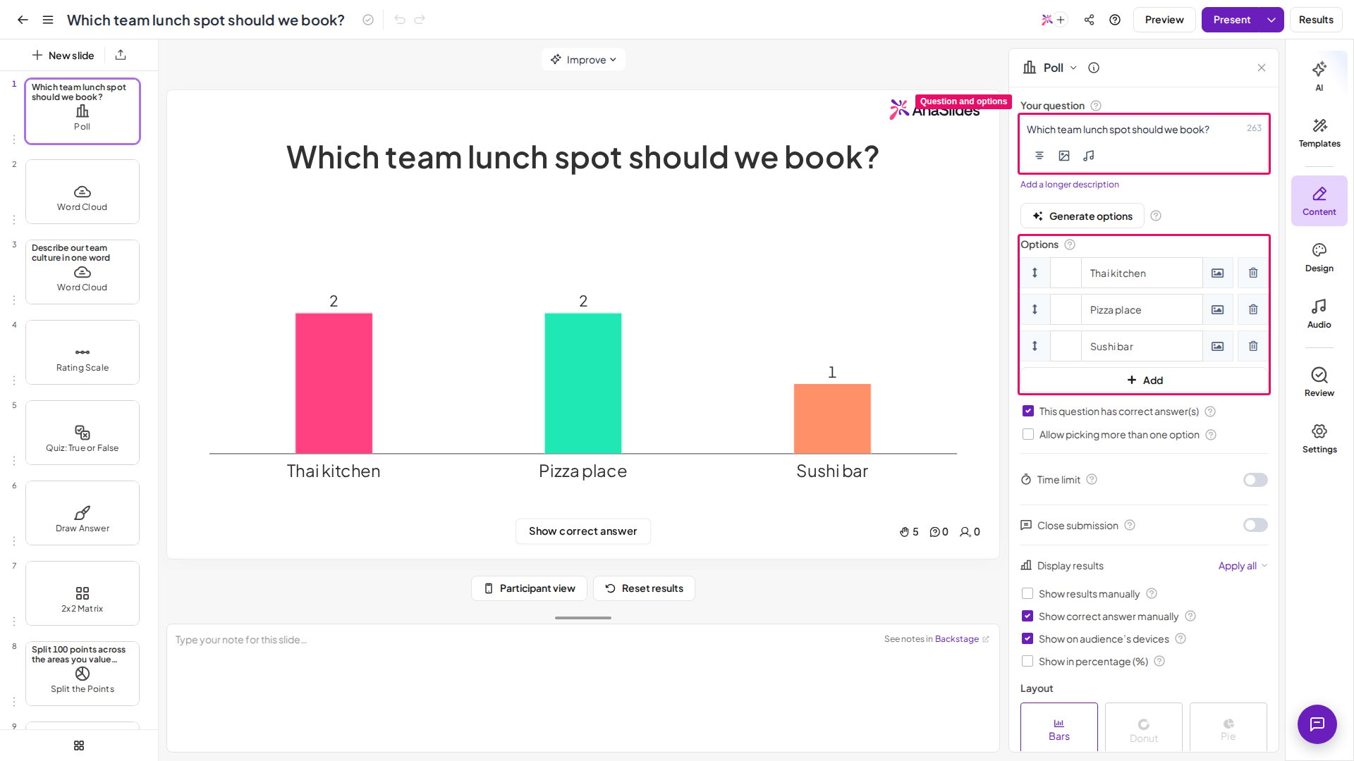 Eine AhaSlides-Poll-Folie im Editor mit der Frage und den Antwortoptionen im Bereich „Content“