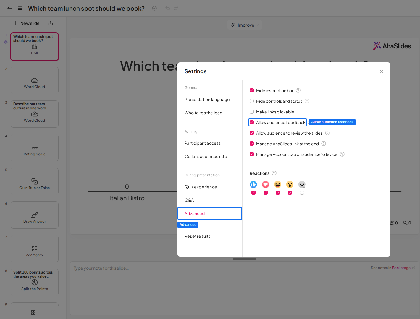 The Advanced tab of the AhaSlides Settings window with the Allow audience feedback checkbox highlighted