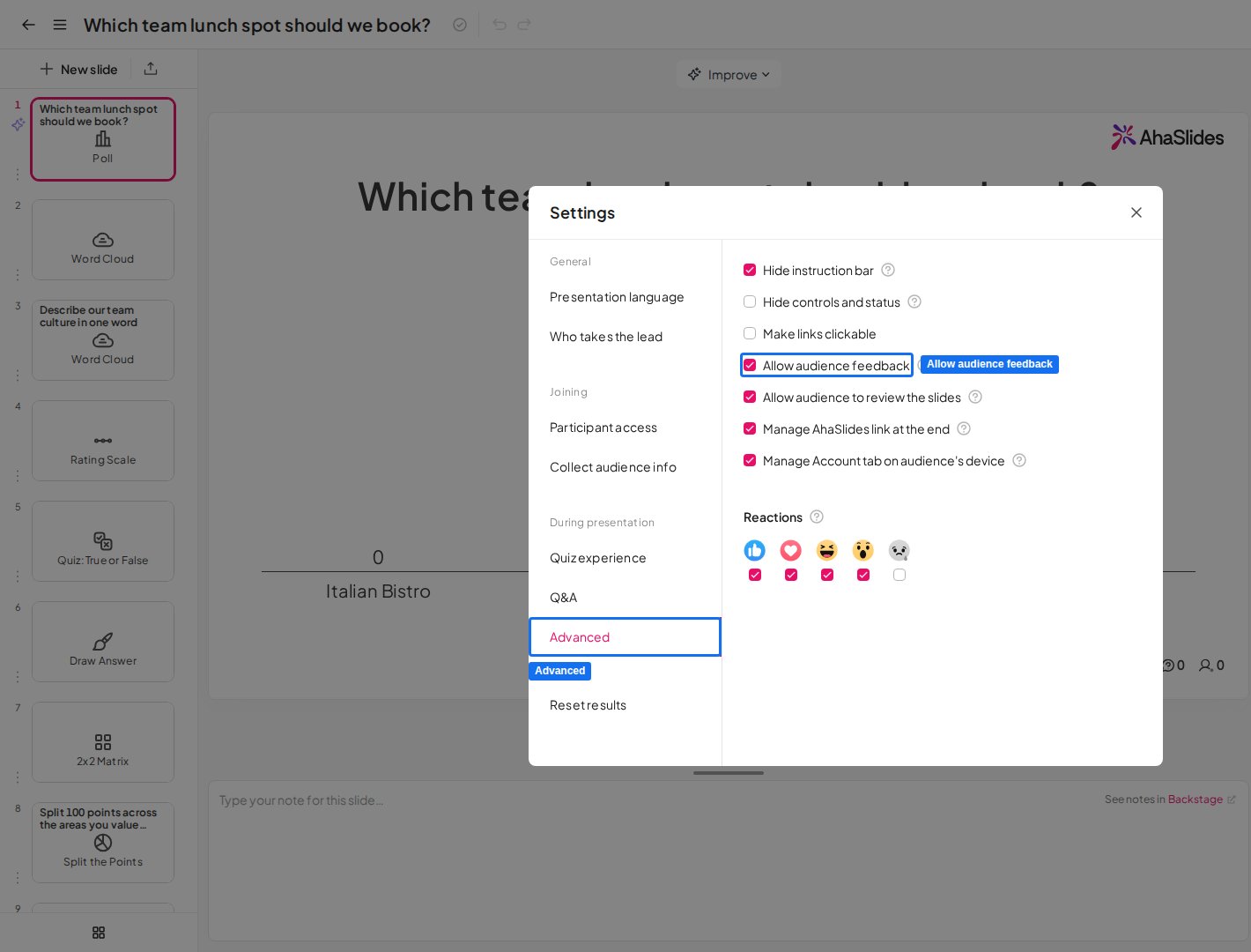 The Advanced tab of the AhaSlides Settings window with the Allow audience feedback checkbox highlighted