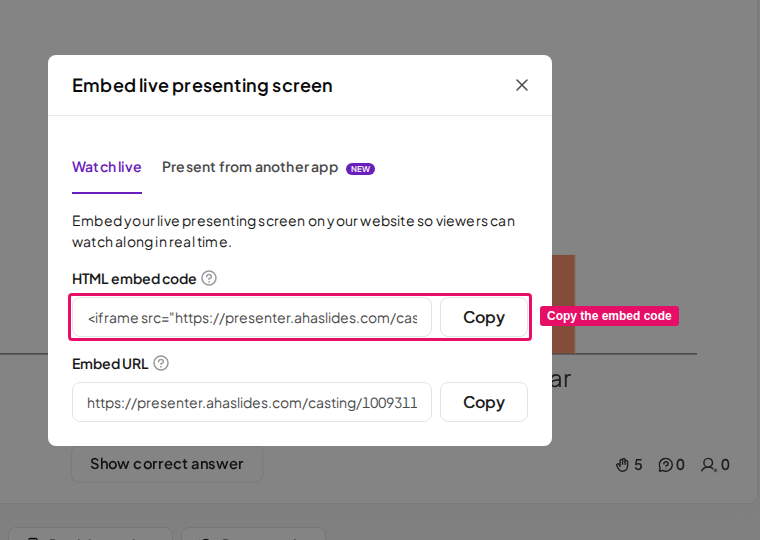 The Embed live presenting screen window in AhaSlides, with the HTML embed code field and its Copy button highlighted