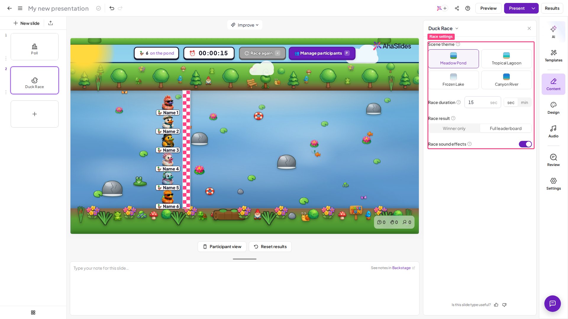 AhaSlides Duck Race slide in the editor with the race settings panel highlighted