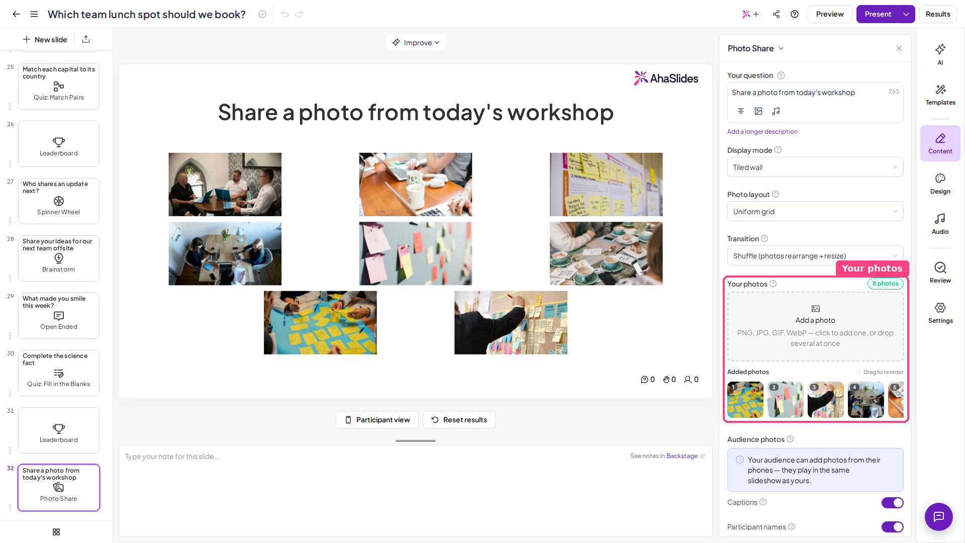 Diapositive Photo Share AhaSlides dans l'éditeur, avec huit photos ajoutées sous Your photos et affichées en mur de tuiles sur le canevas