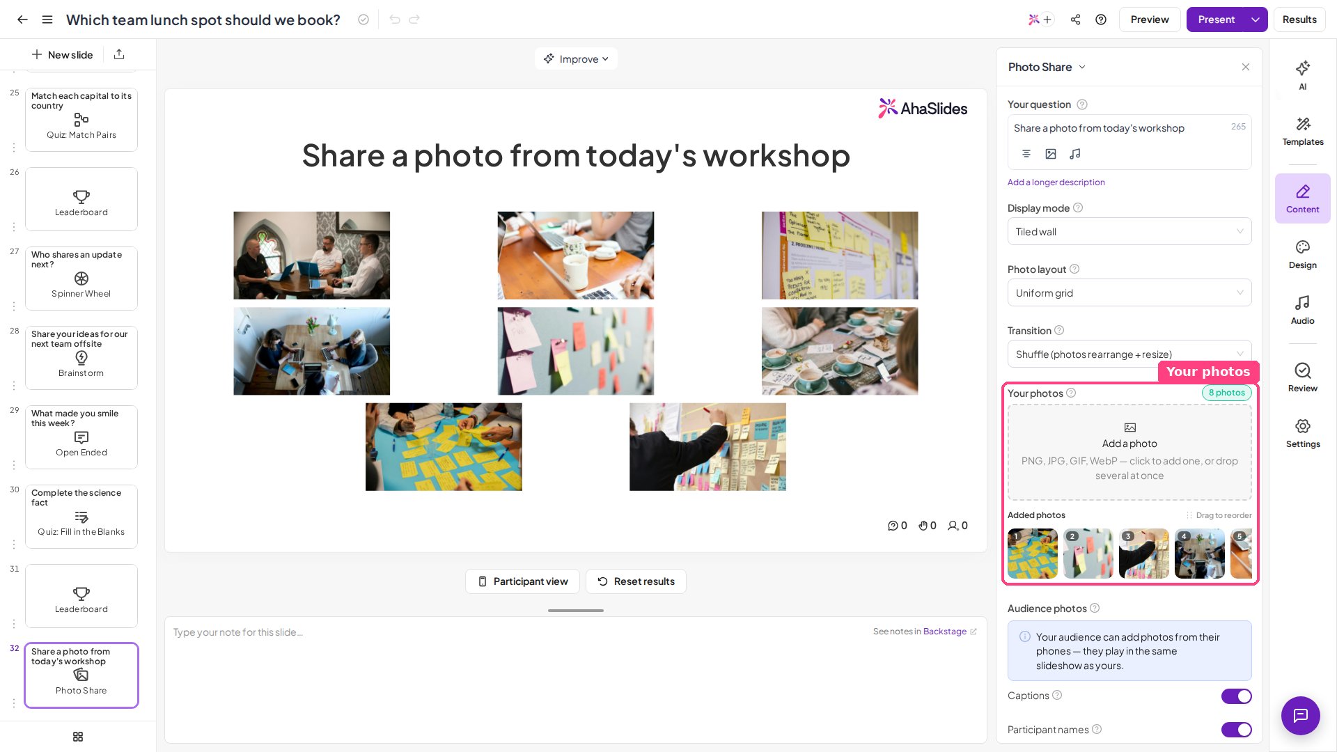 Diapositive Photo Share AhaSlides dans l'éditeur, avec huit photos ajoutées sous Your photos et affichées en mur de tuiles sur le canevas