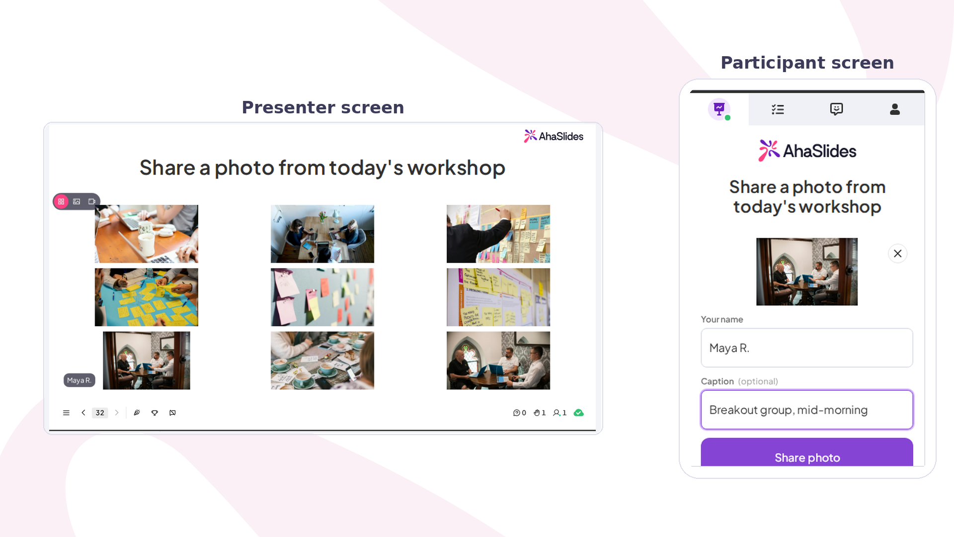 Aperçu de la diapositive Photo Share AhaSlides, avec le mur de photos du présentateur à côté de l'écran d'envoi du participant
