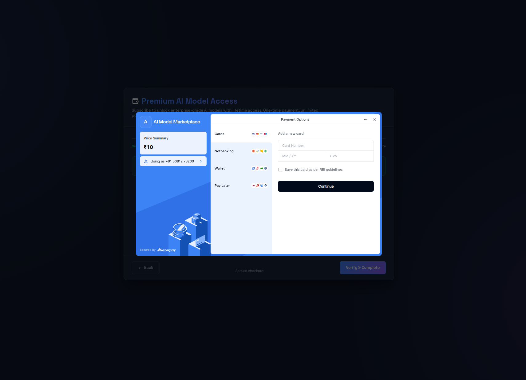 RazorPay Checkout Card Details