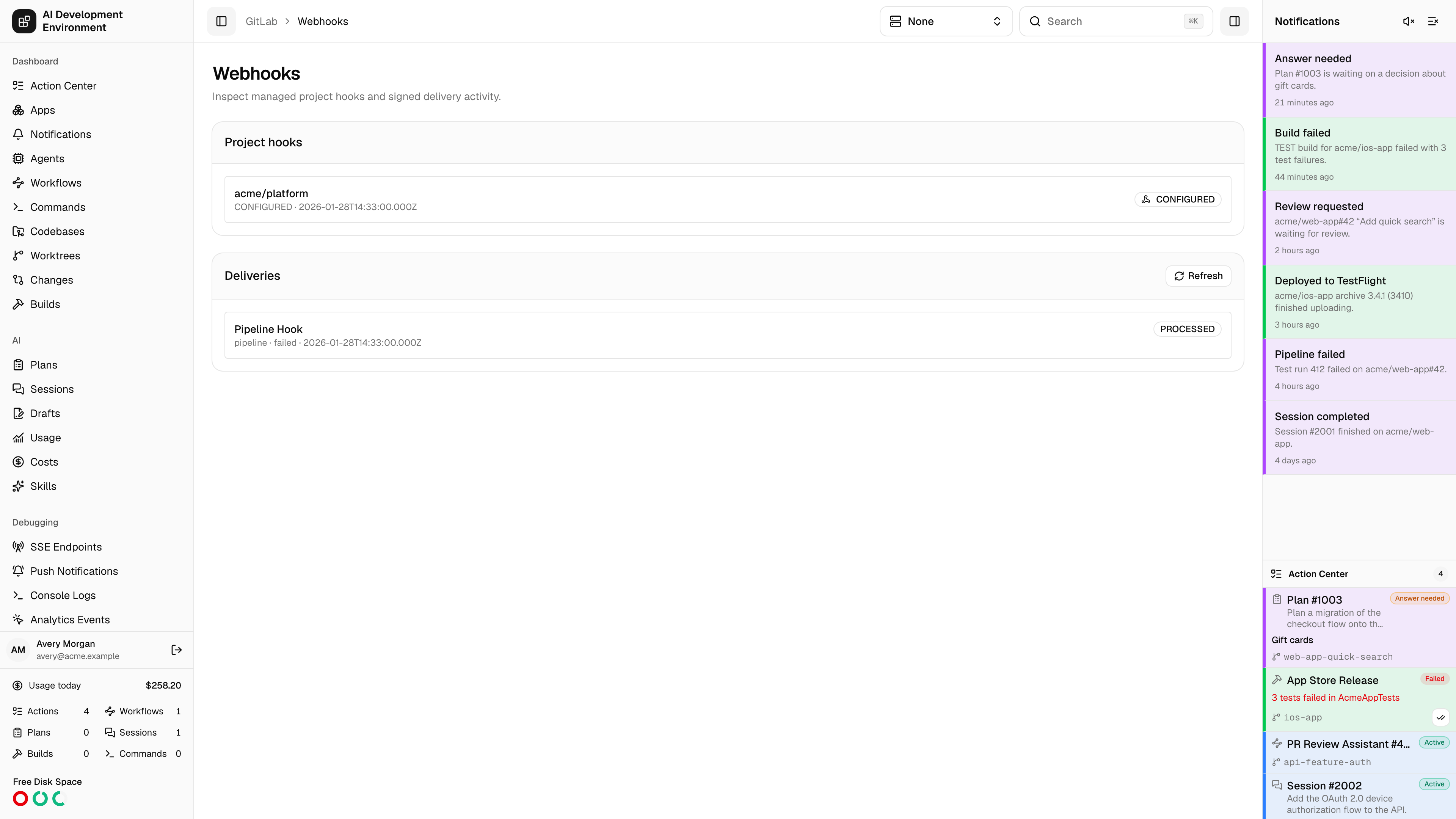 GitLab webhook deliveries in light theme
