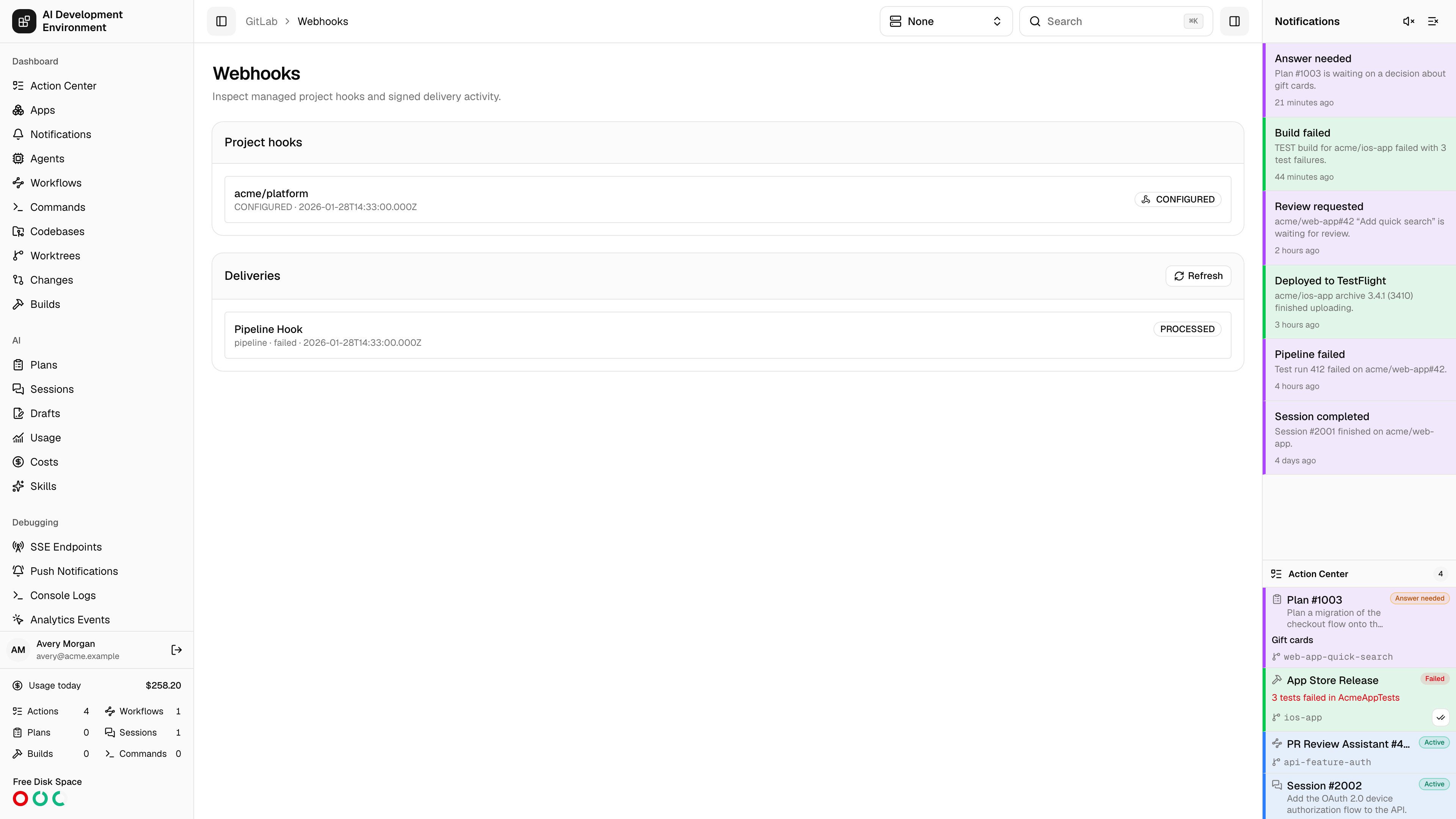 GitLab webhook deliveries in light theme