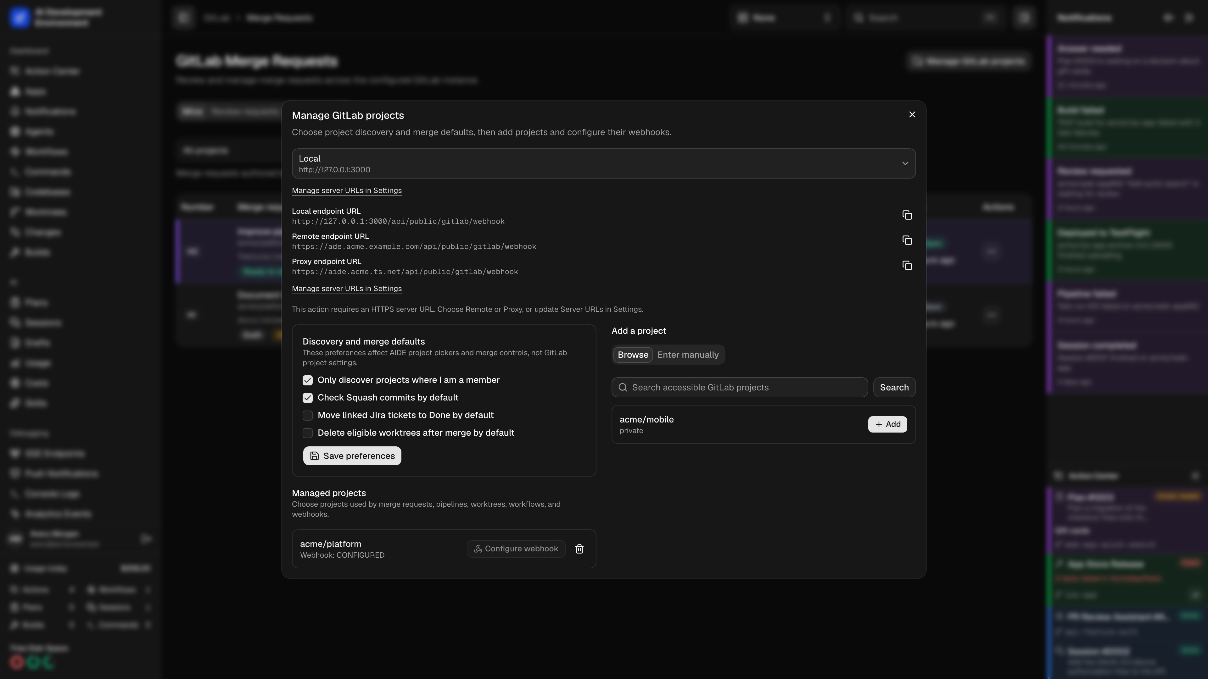 Manage GitLab projects dialog in dark theme