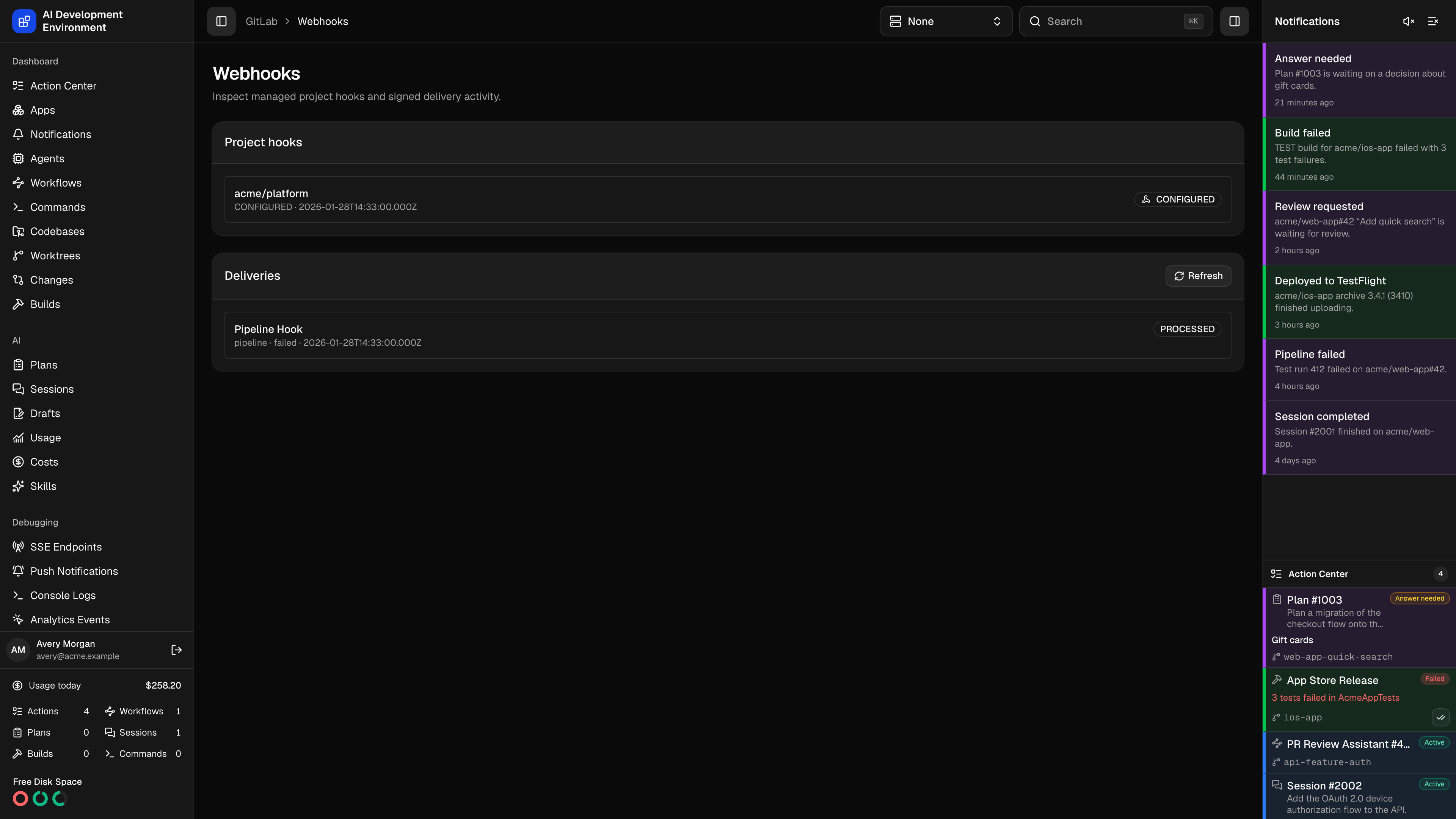 GitLab webhook deliveries in dark theme