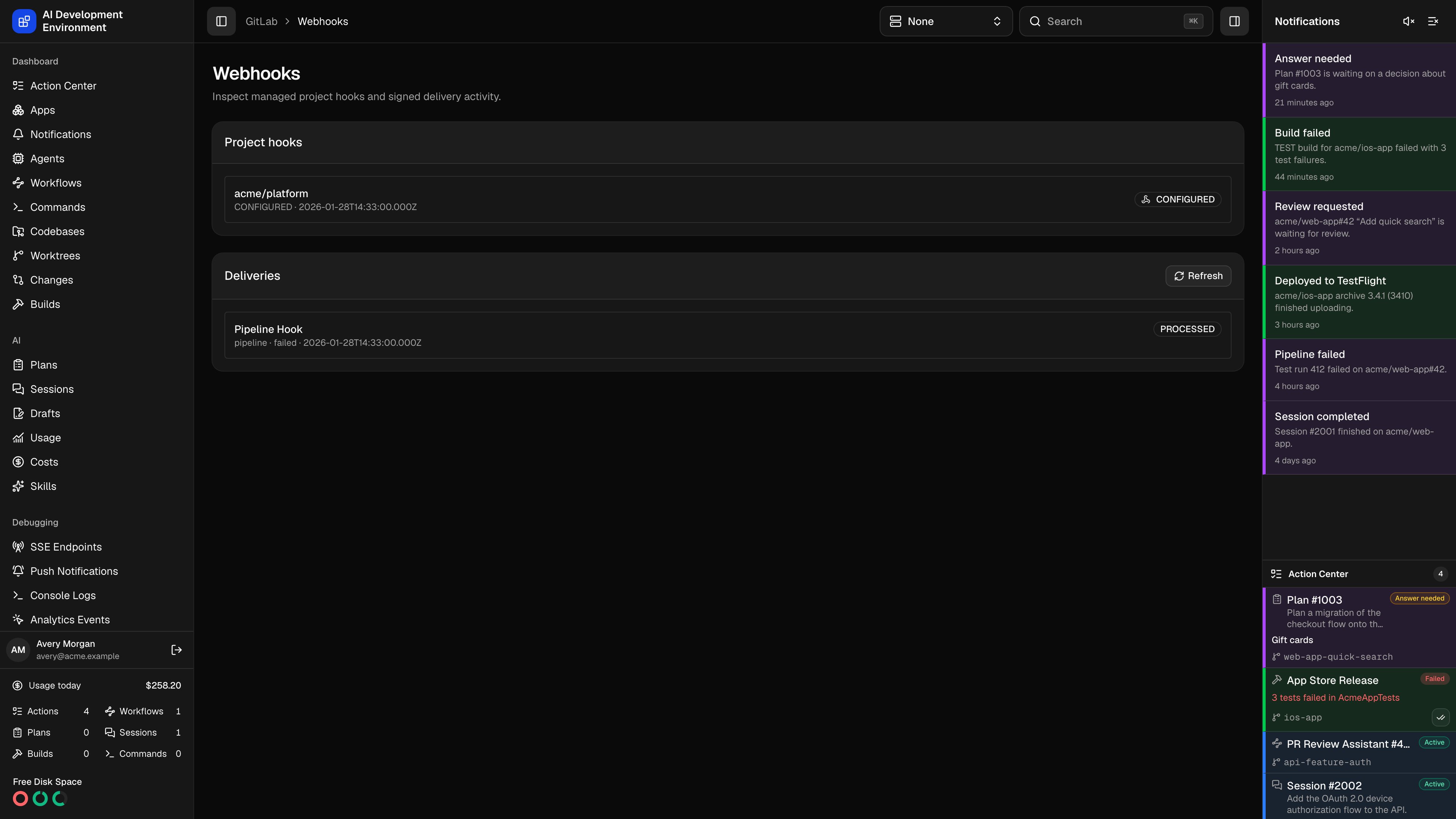 GitLab webhook deliveries in dark theme