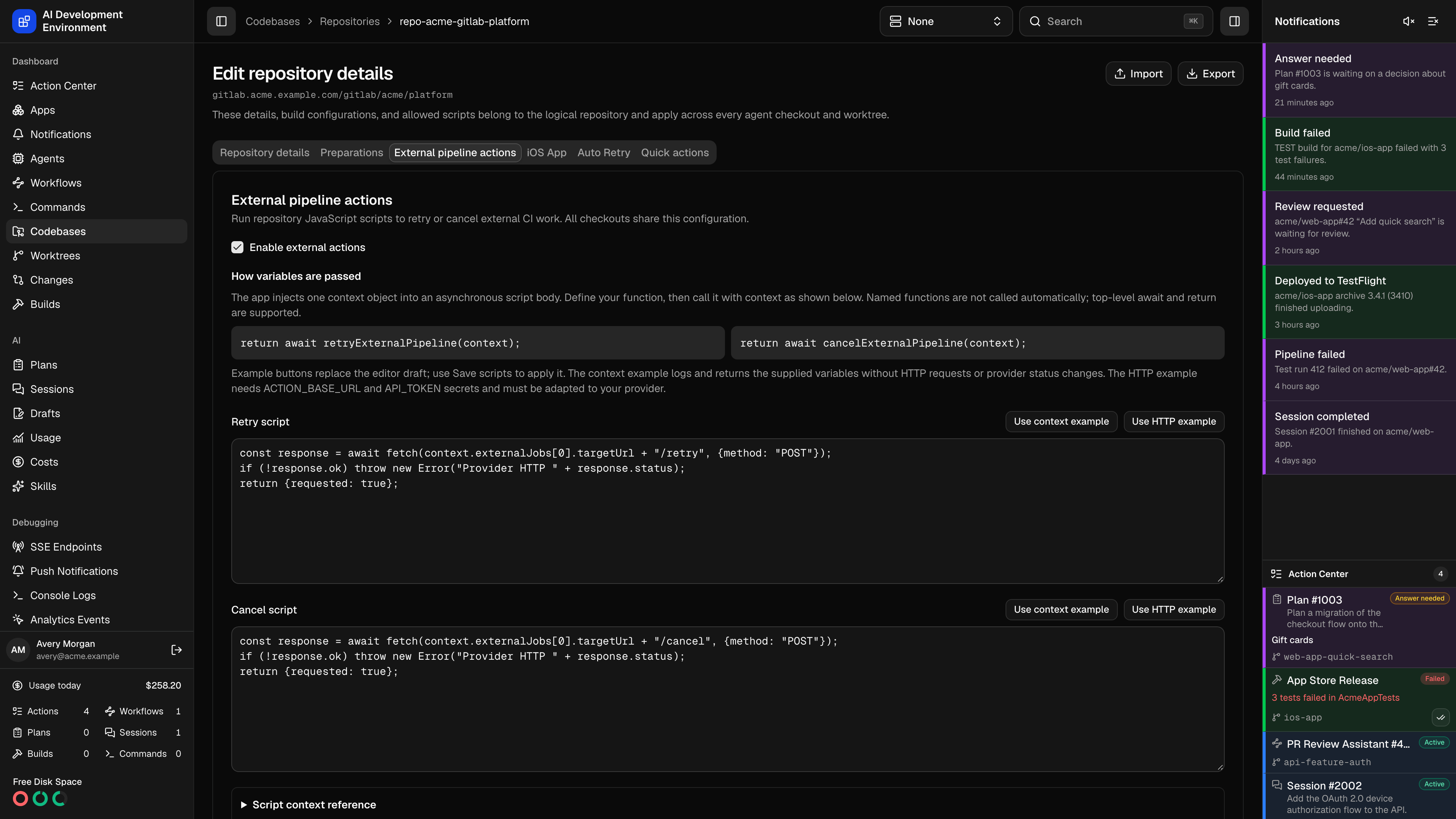 External pipeline scripts in repository settings in dark theme