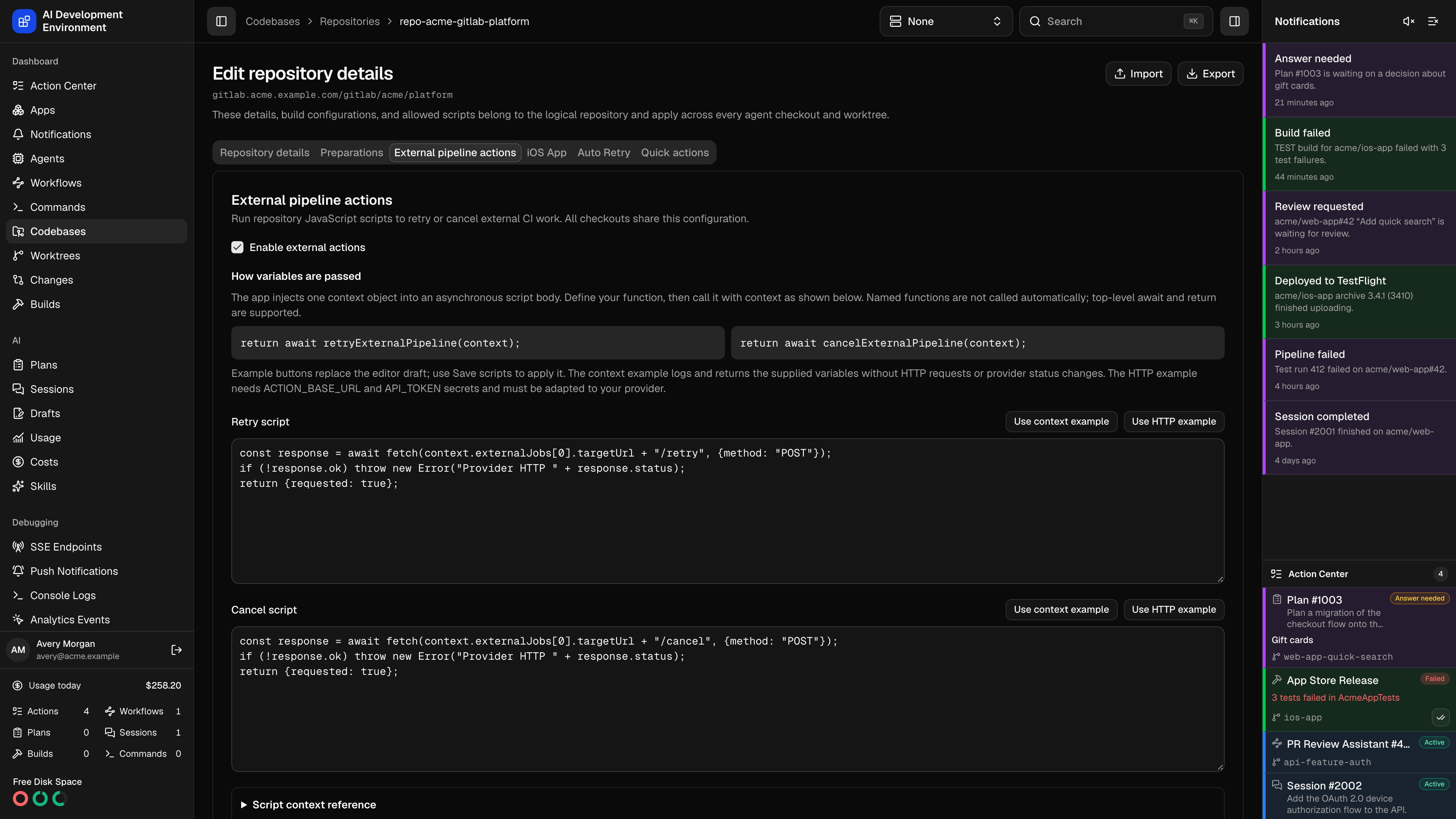 External pipeline scripts in repository settings in dark theme