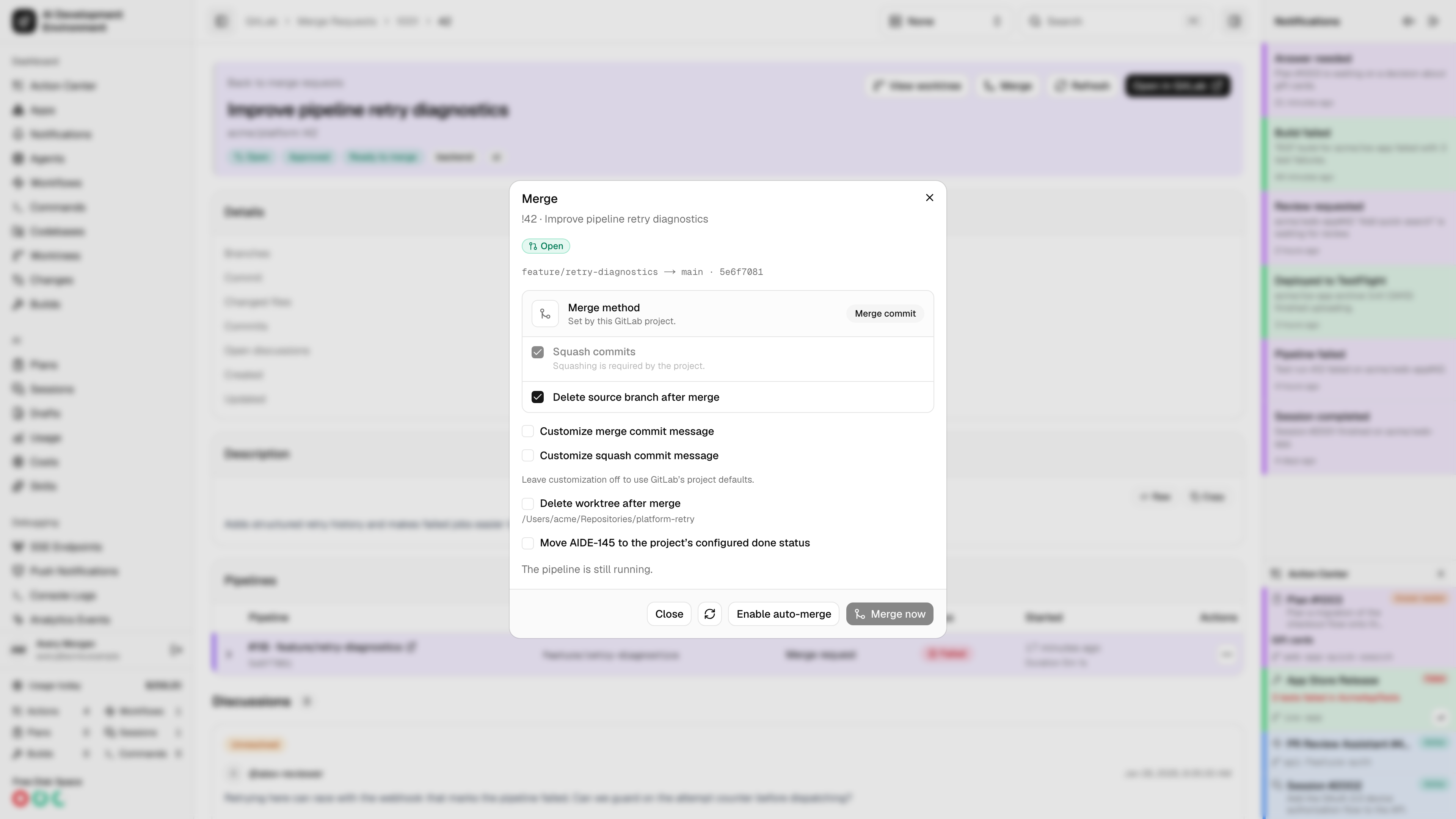 GitLab merge options and follow-ups in light theme