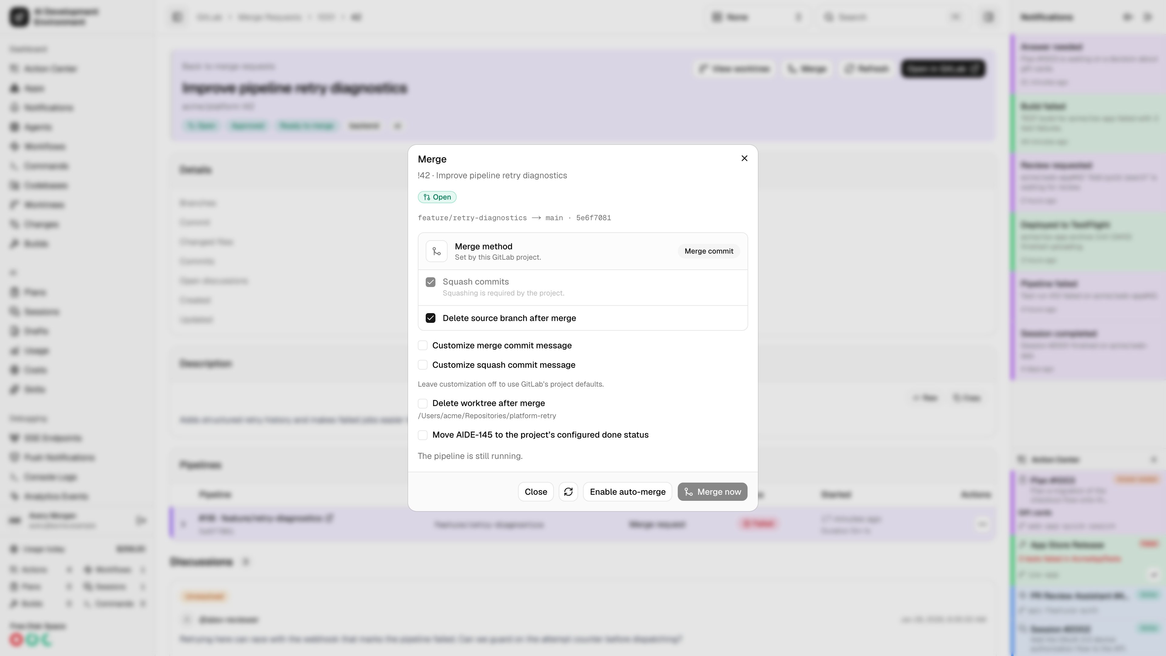 GitLab merge options and follow-ups in light theme