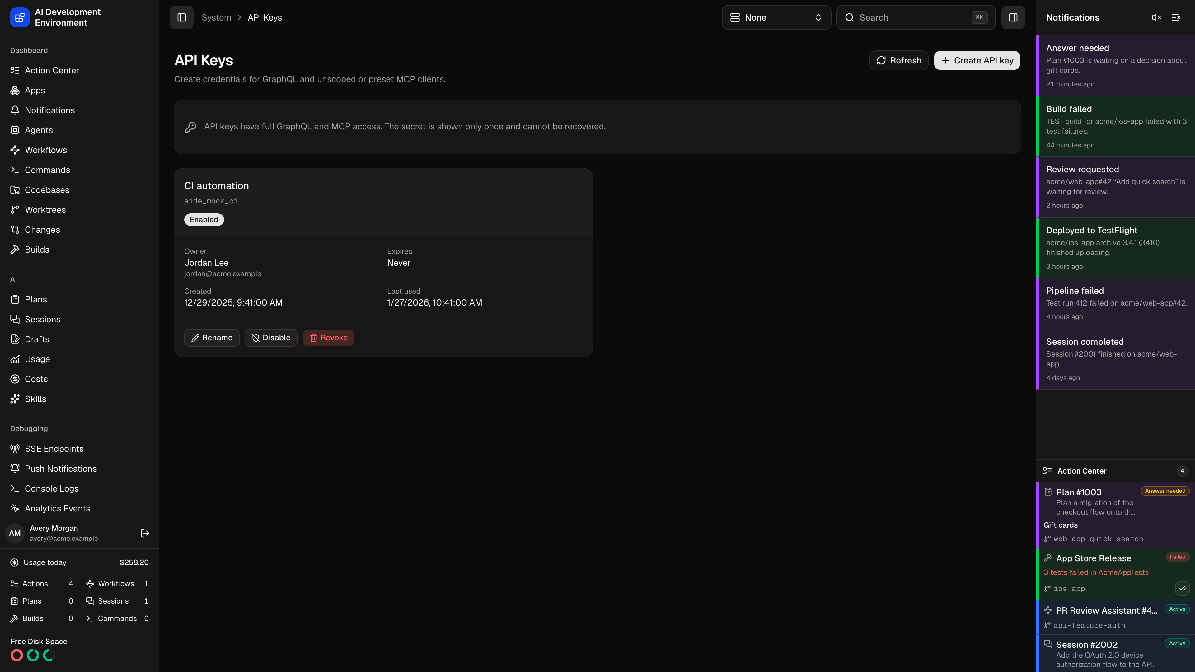 API keys page in dark theme