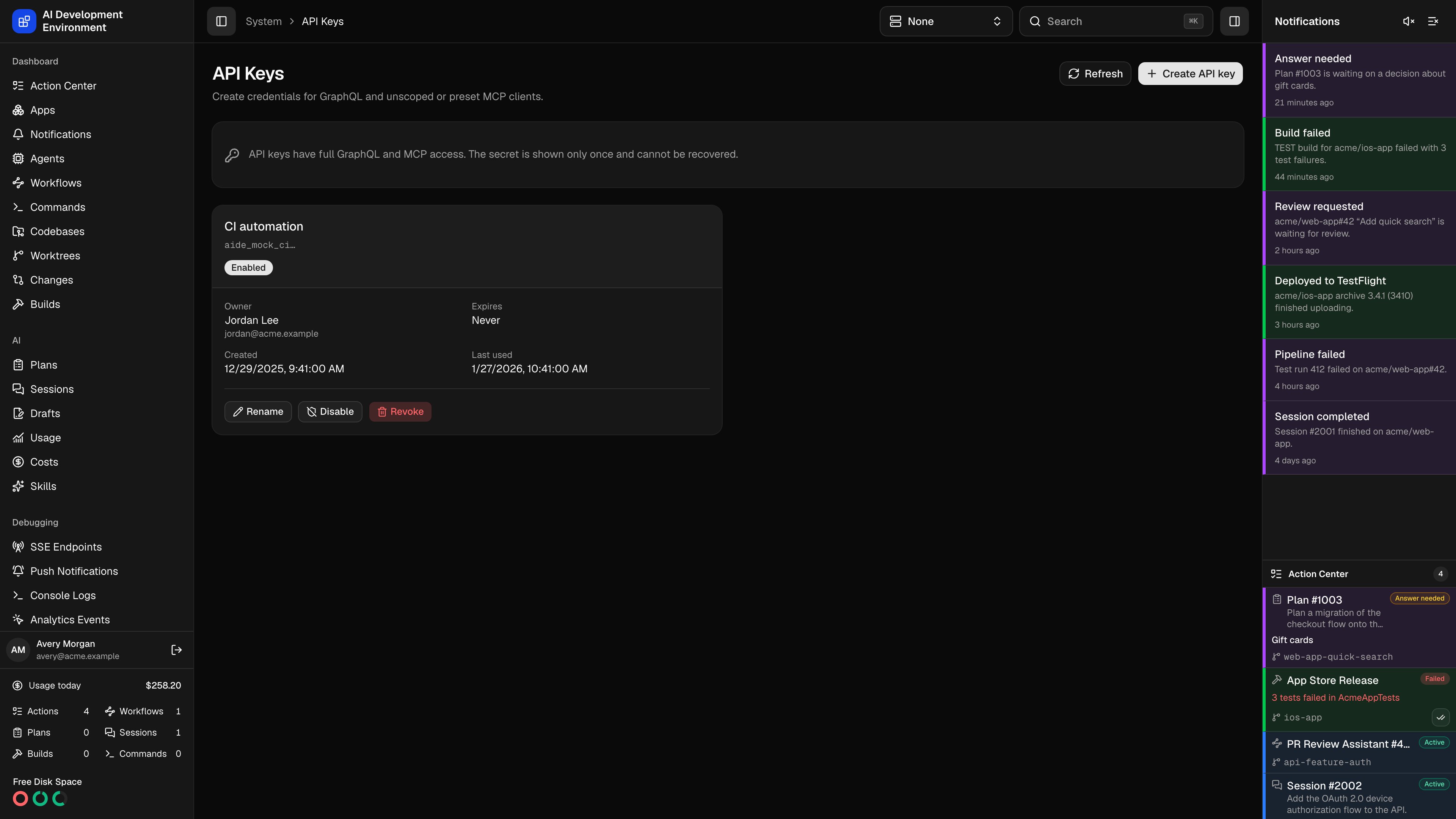 API keys page in dark theme