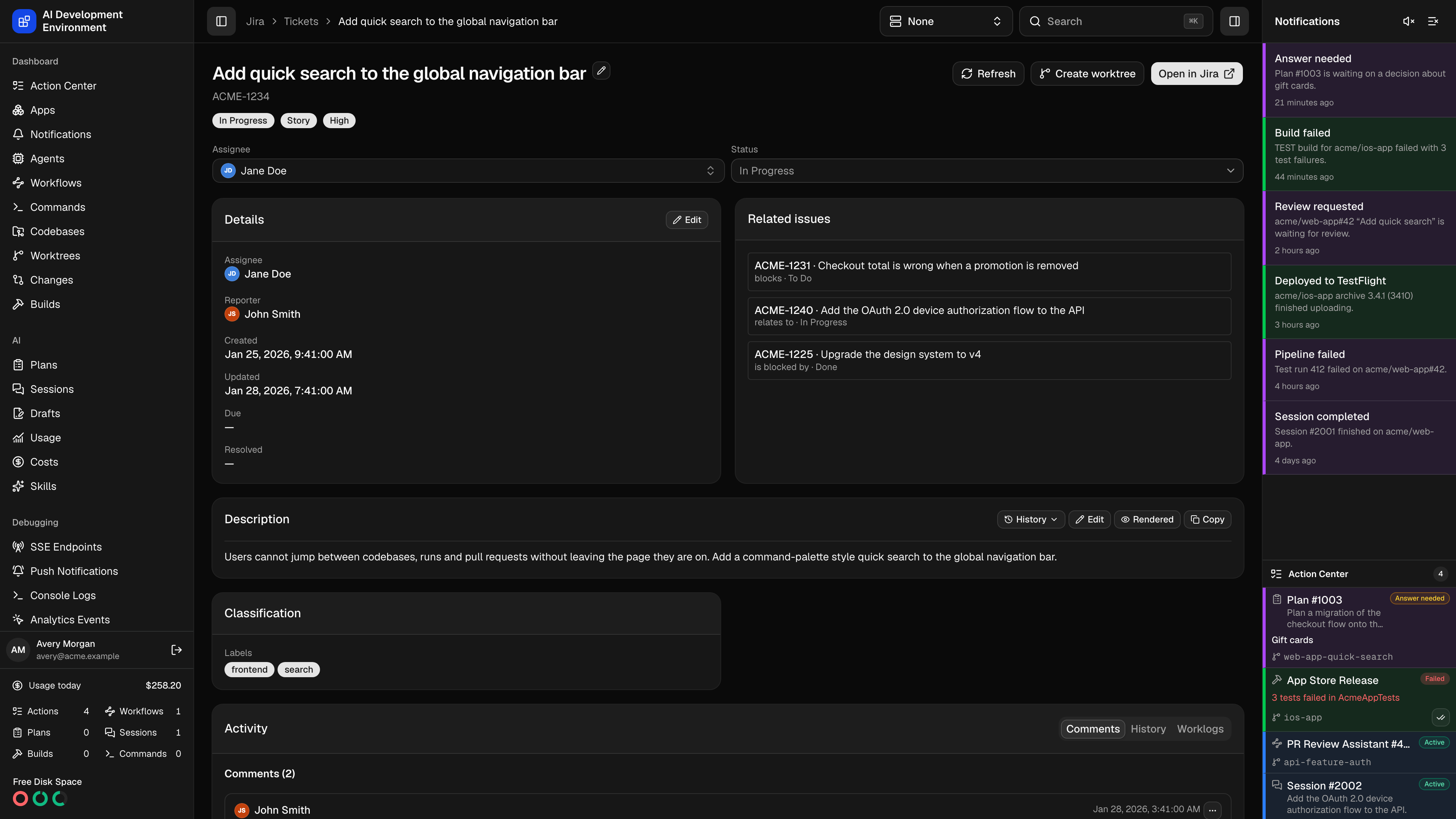 Jira ticket details page in dark theme