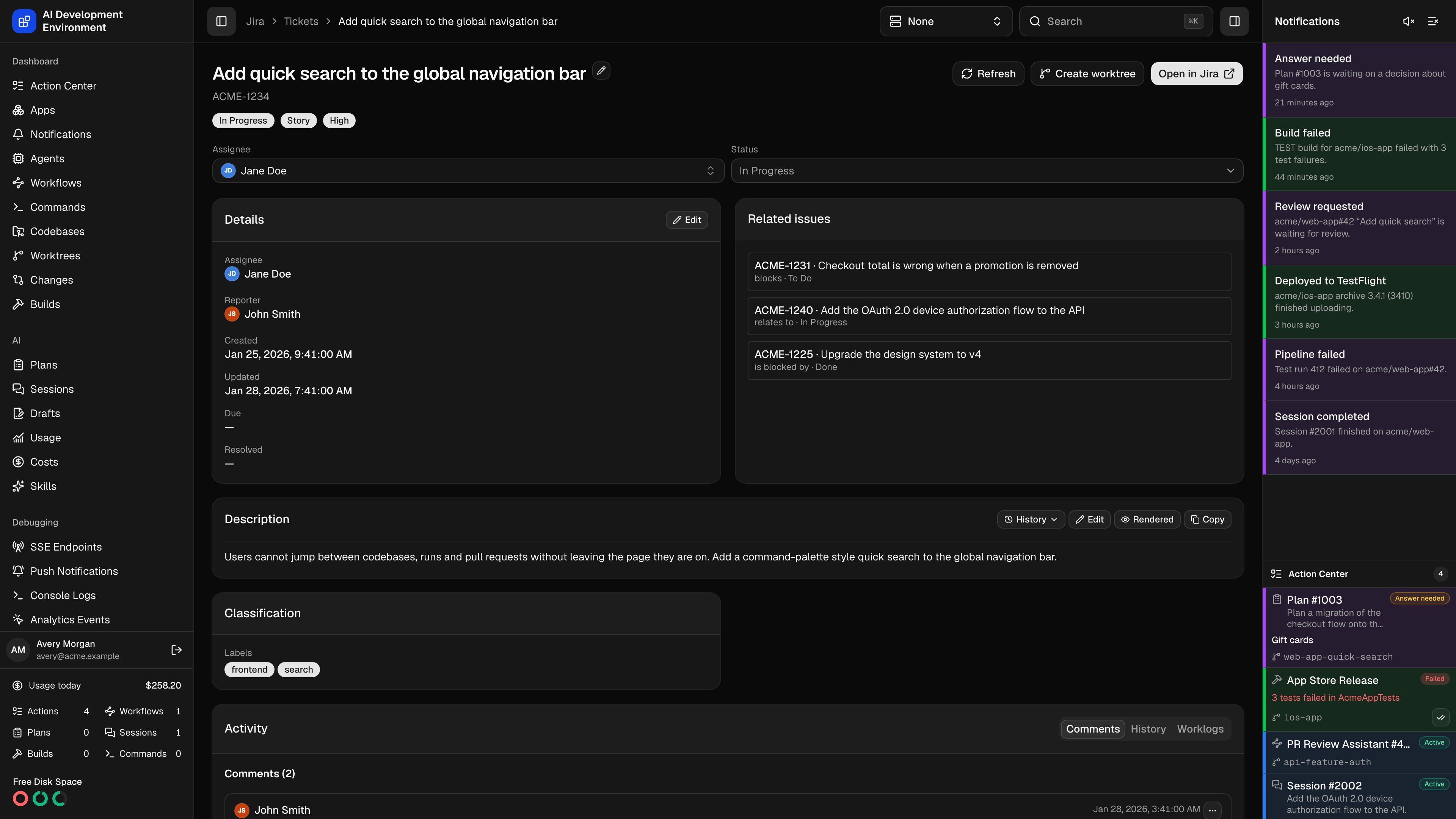 Jira ticket details page in dark theme