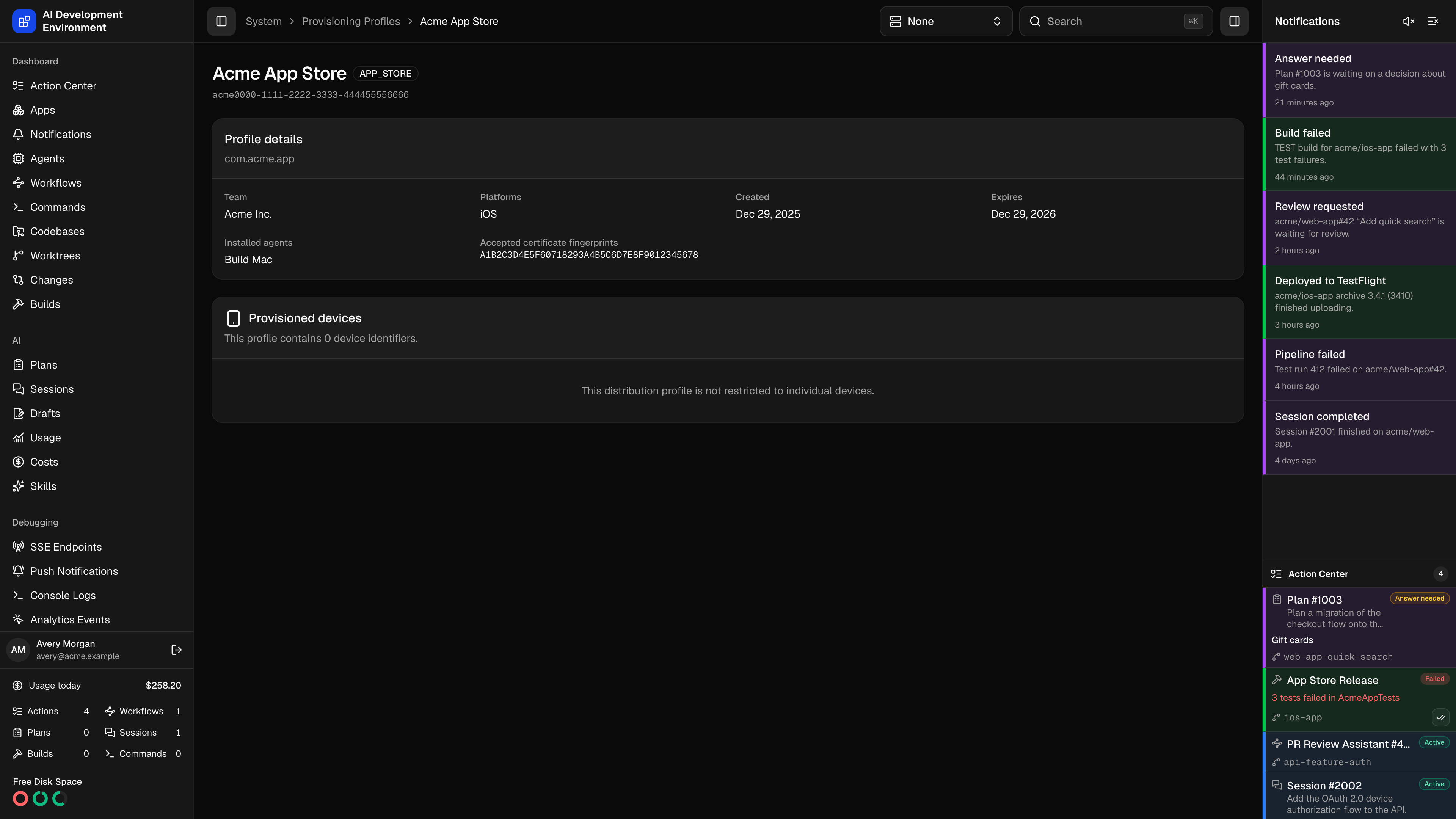 Provisioning profile details page in dark theme
