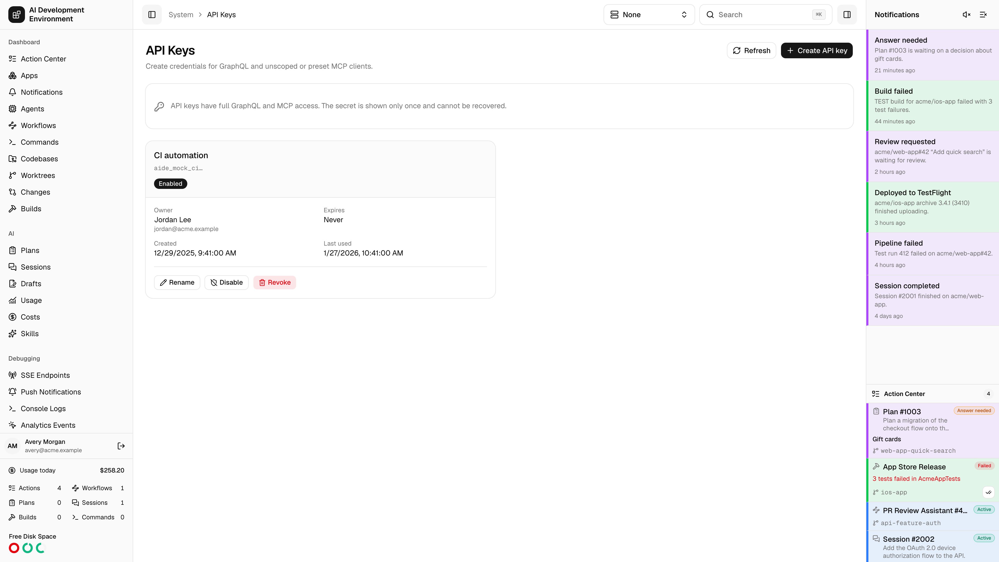 API keys page in light theme