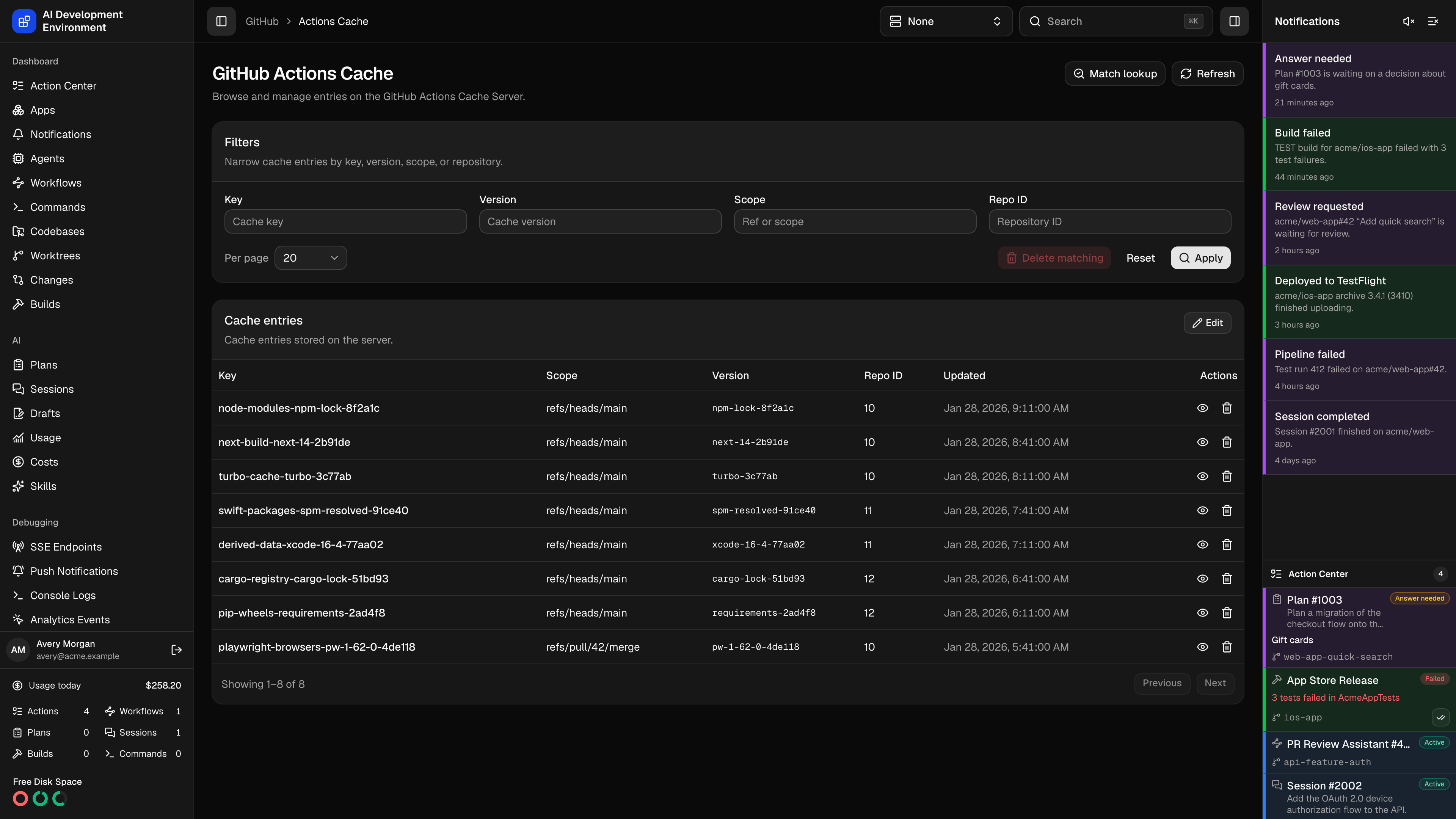 Actions Cache in dark theme