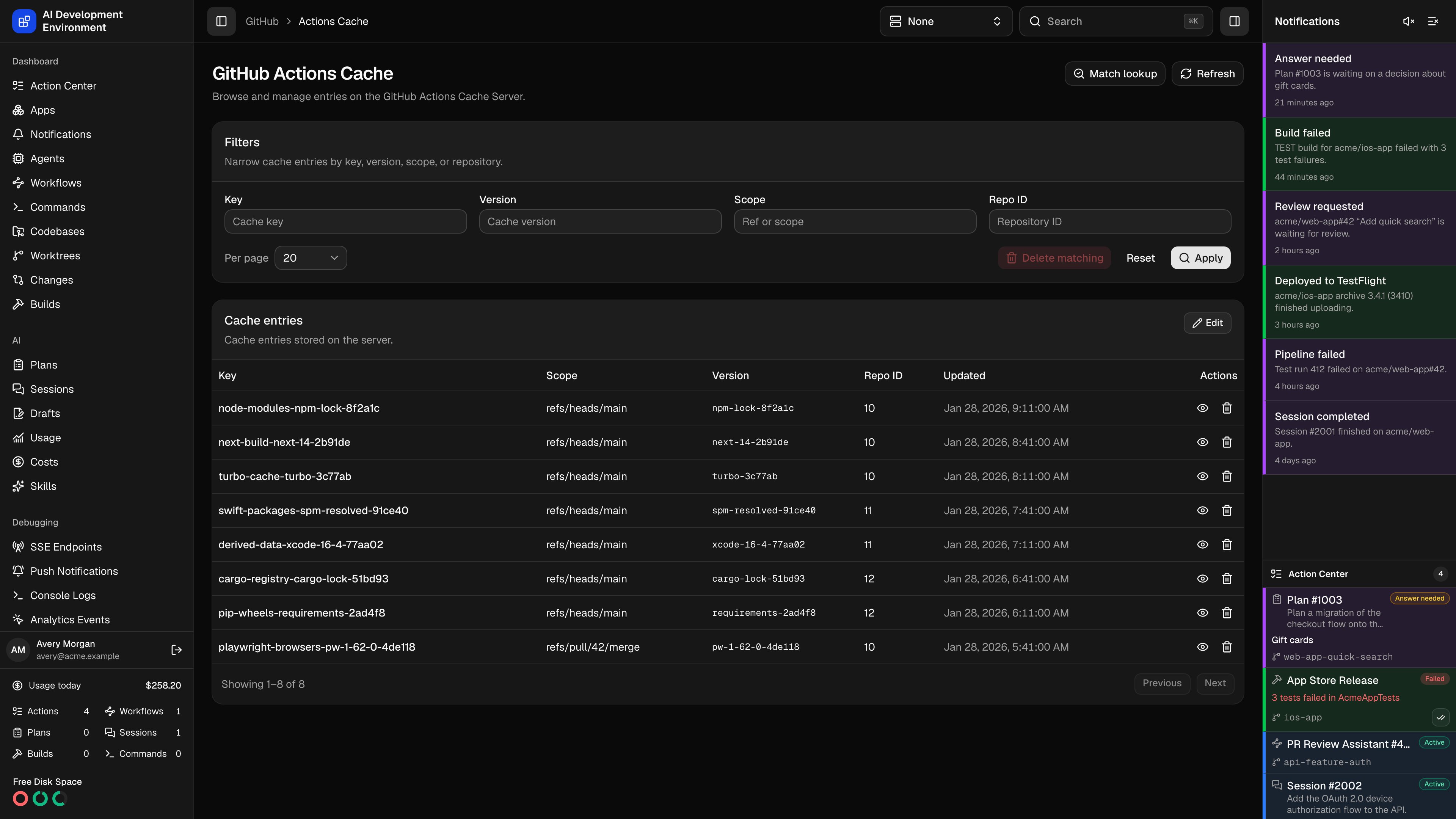 Actions Cache in dark theme