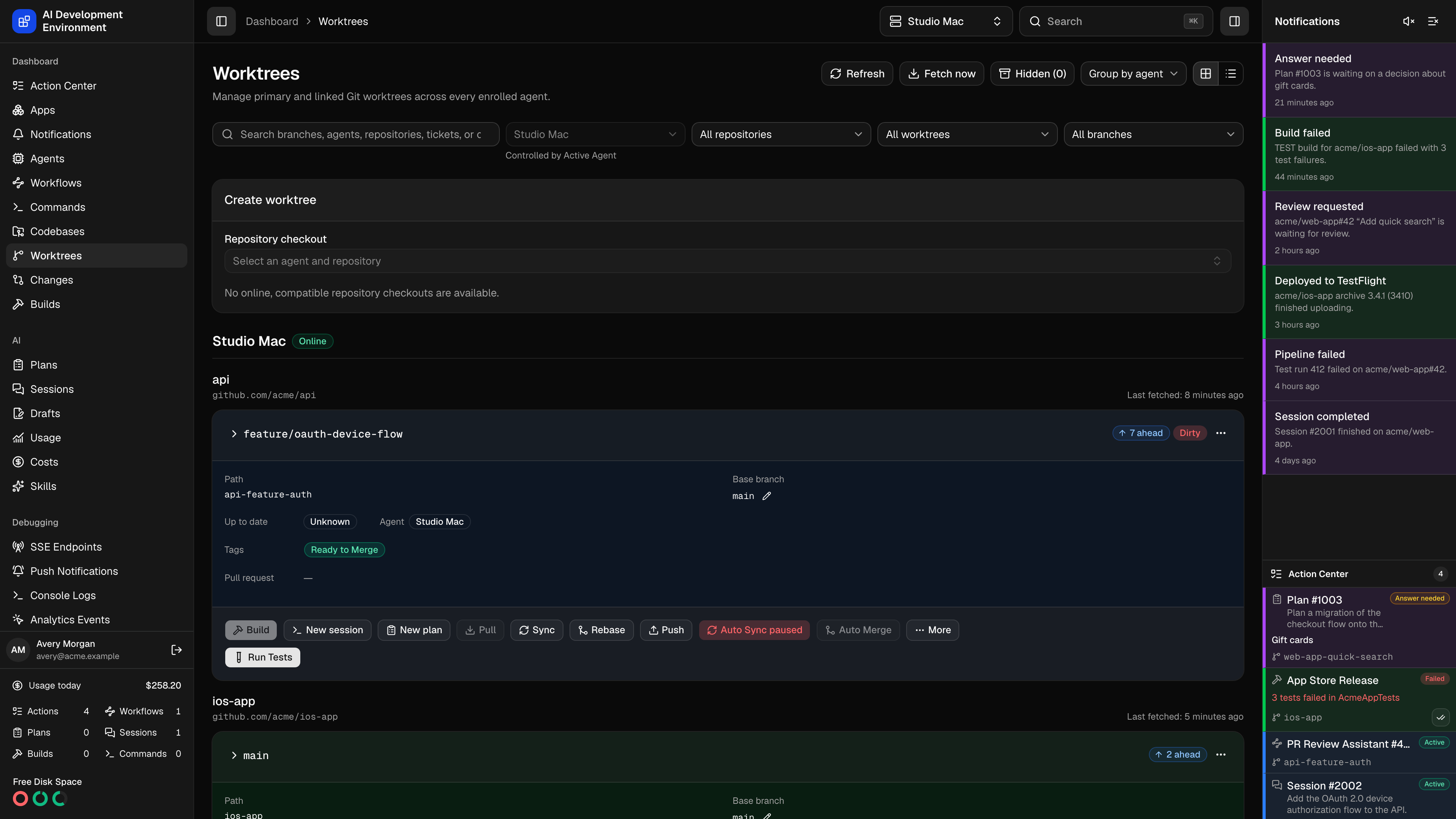 Worktrees filtered by the active agent in dark theme