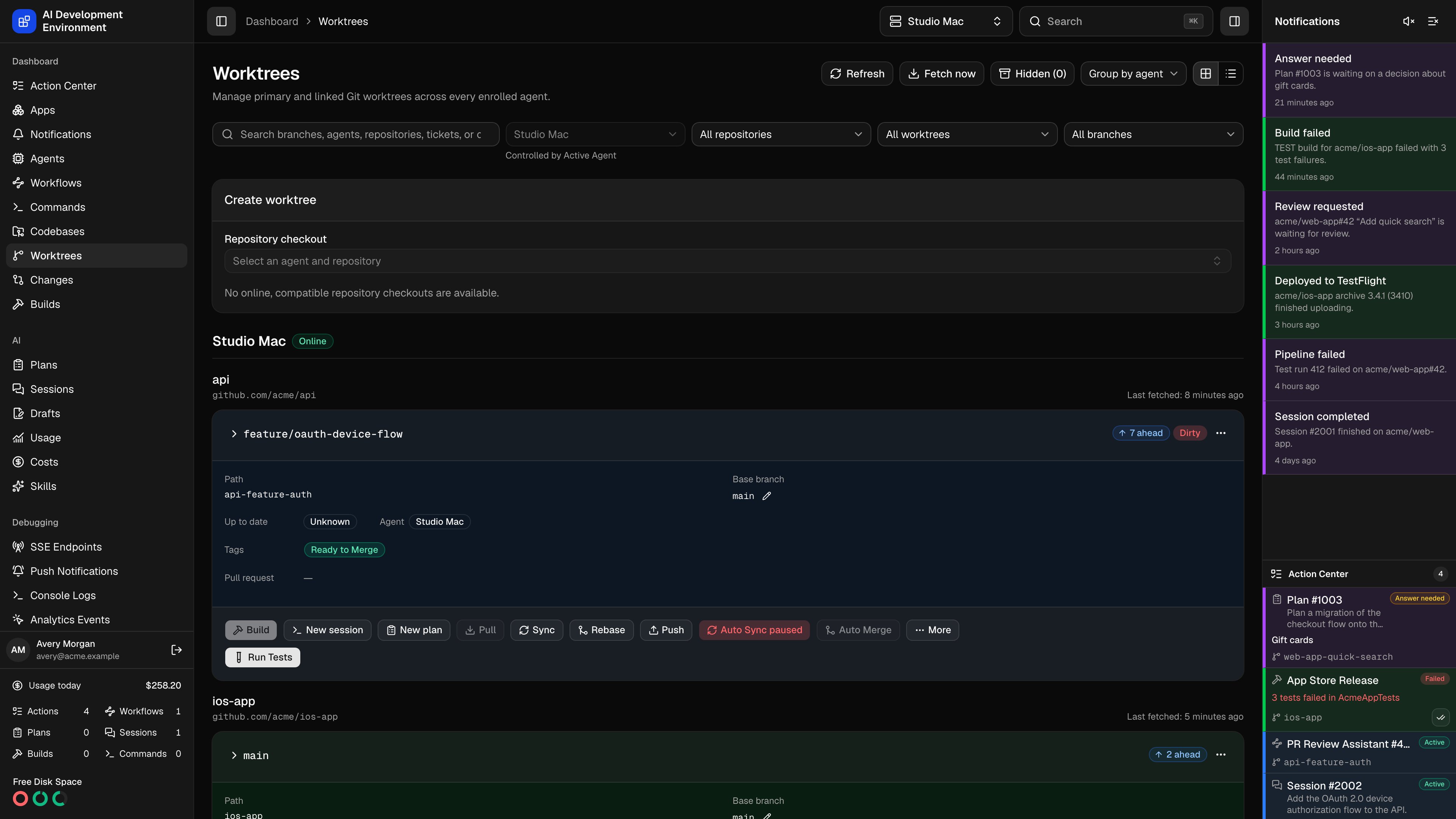 Worktrees filtered by the active agent in dark theme