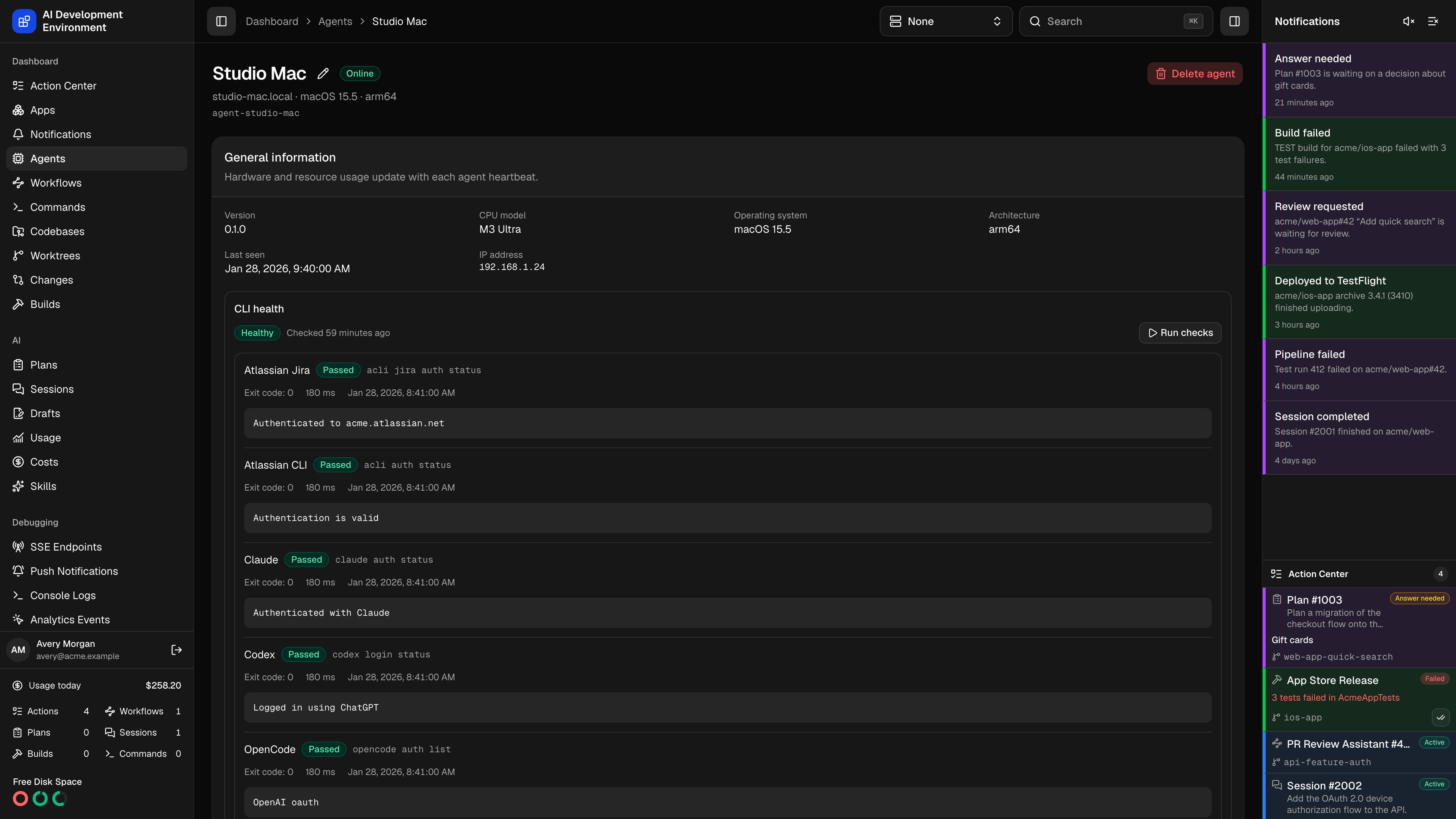 Agent details page in dark theme