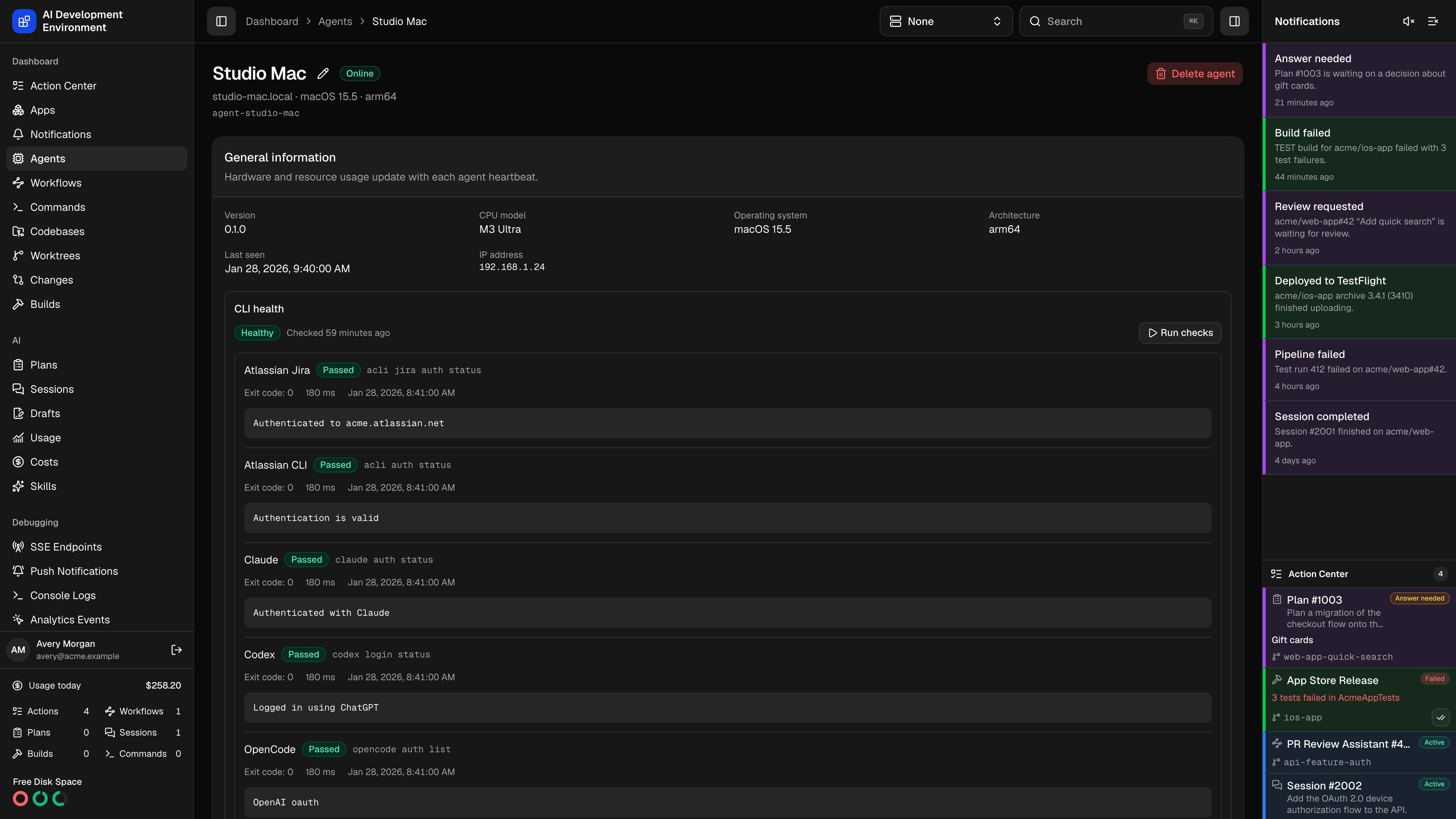 Agent details page in dark theme