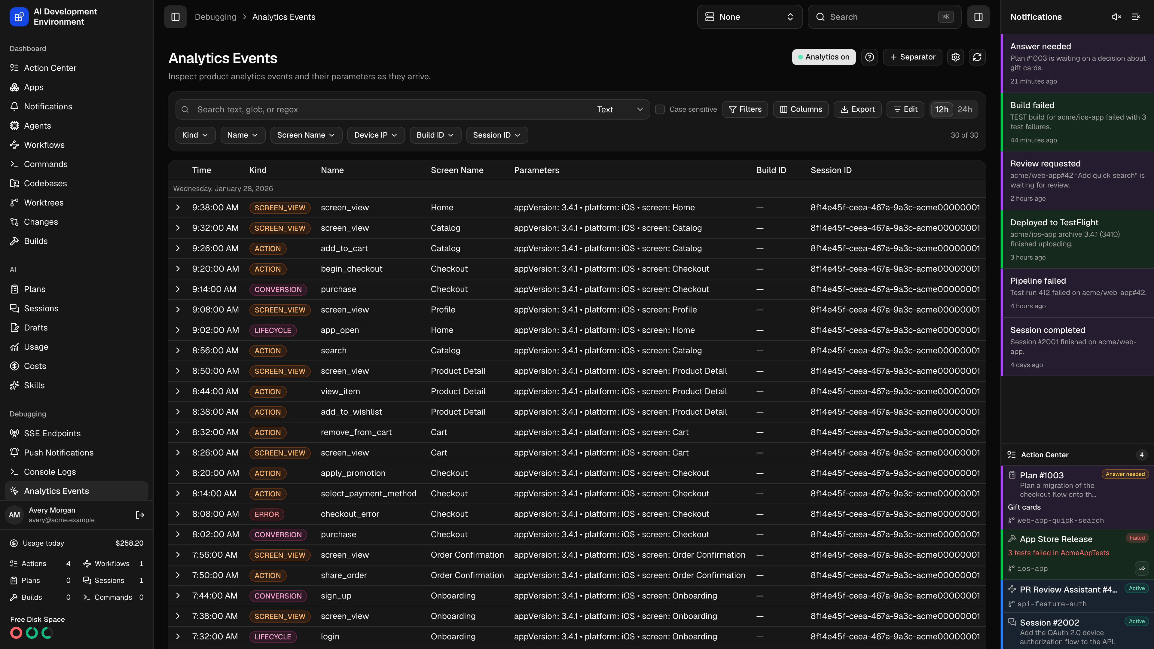 Analytics Events page in dark theme