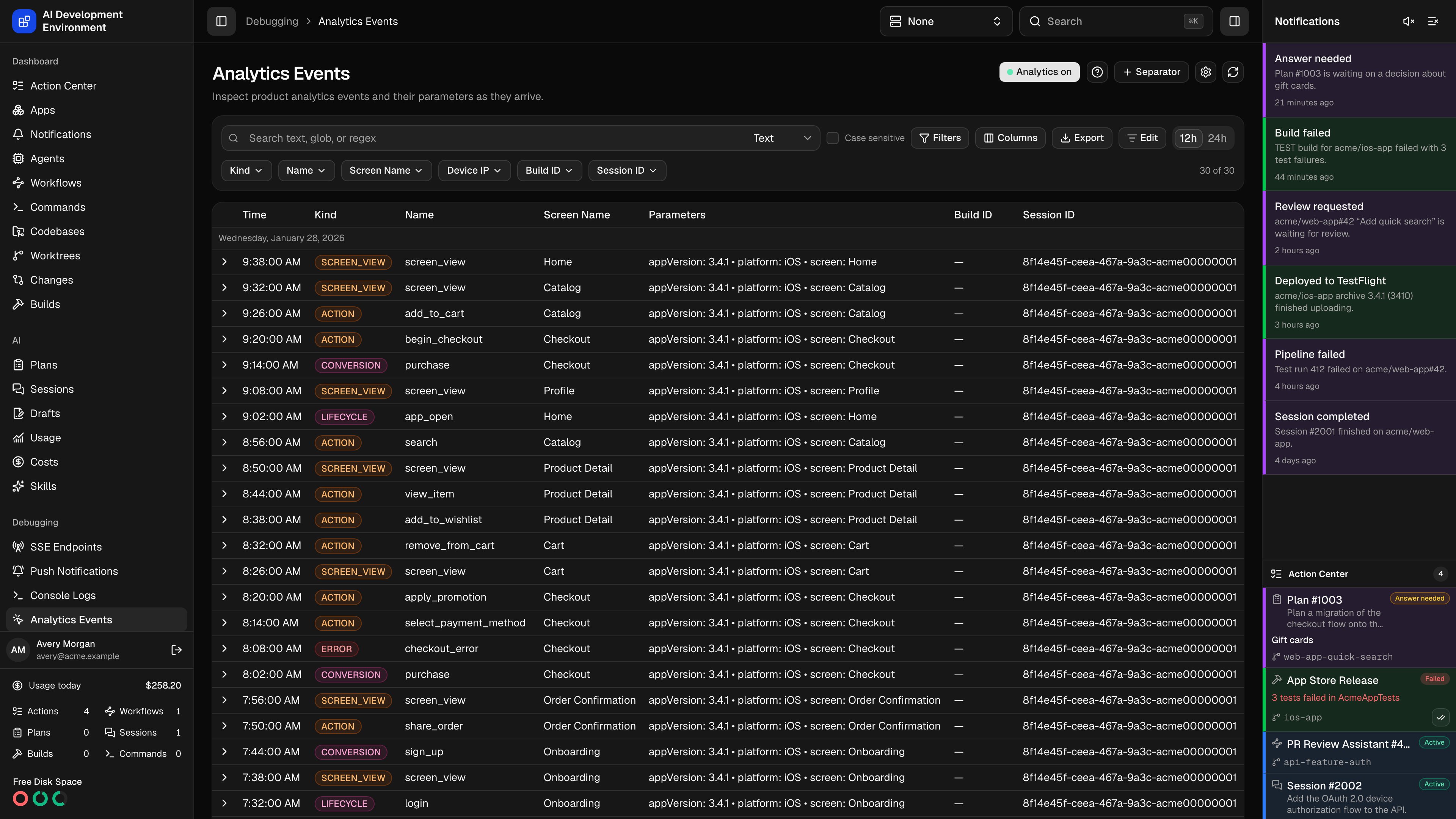 Analytics Events page in dark theme