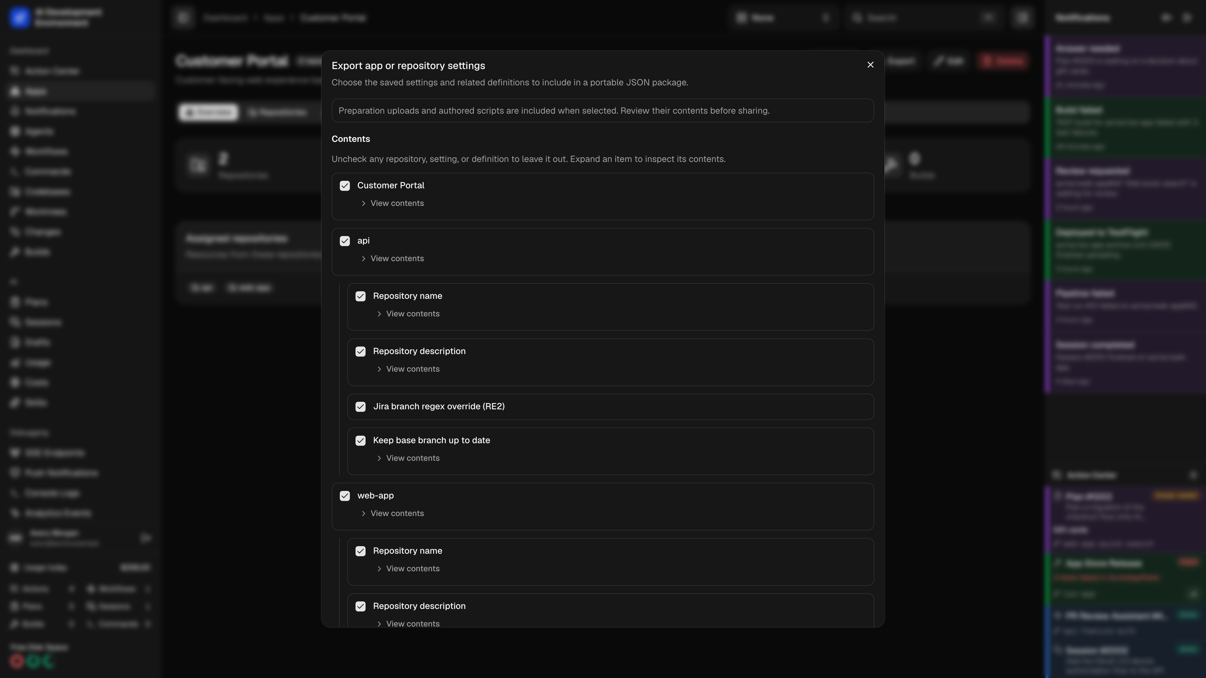 App export selection in dark theme