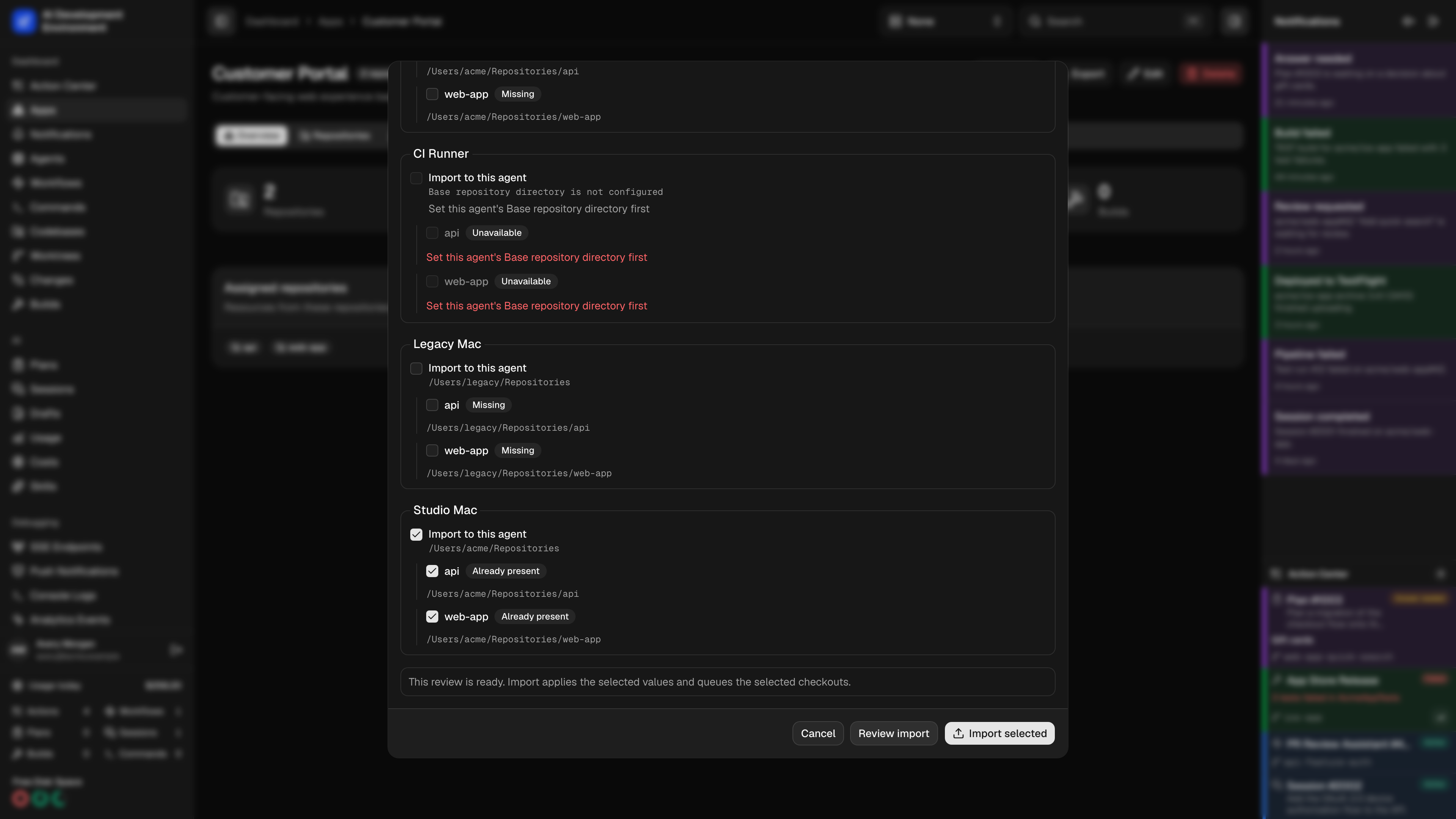 Choosing an import agent with existing repository checkouts in dark theme