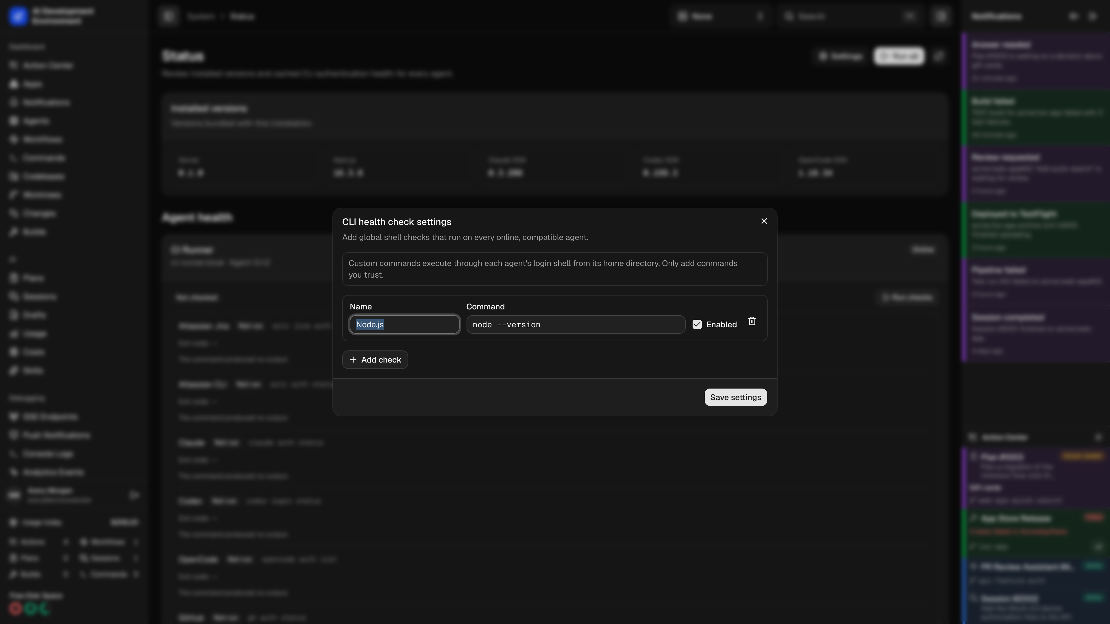 CLI health check settings in dark theme