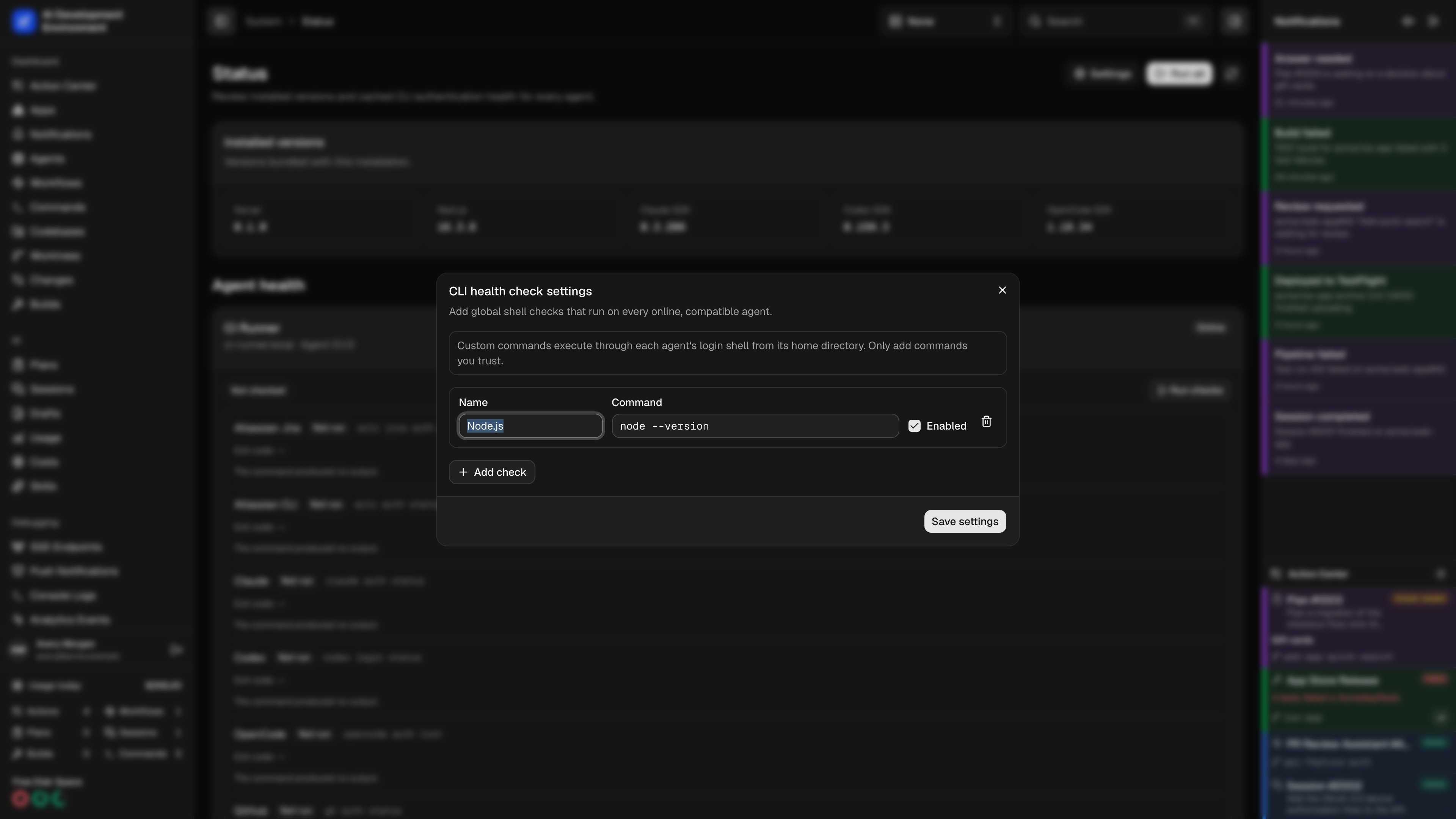 CLI health check settings in dark theme
