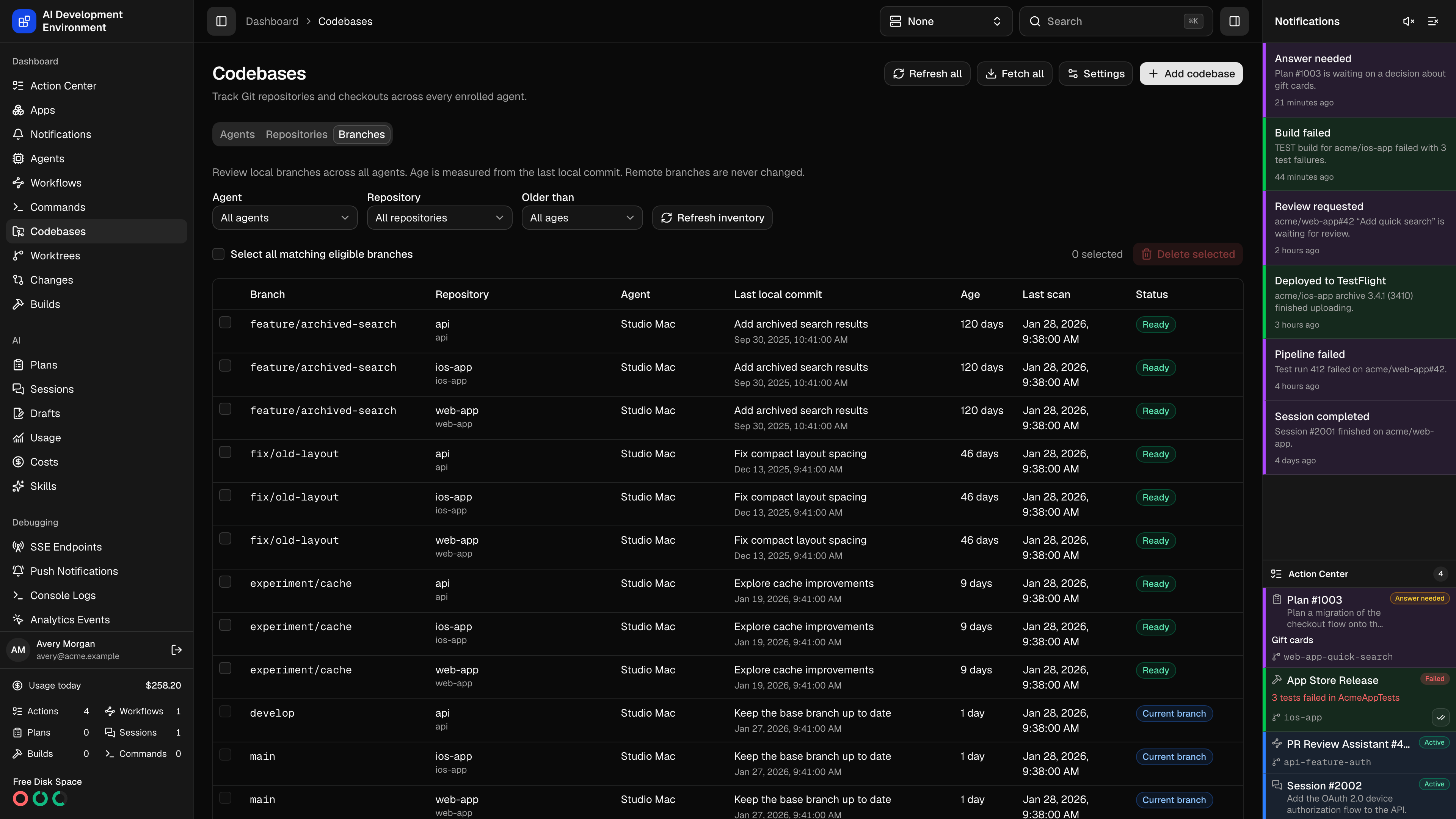 Local branch cleanup tab in dark theme