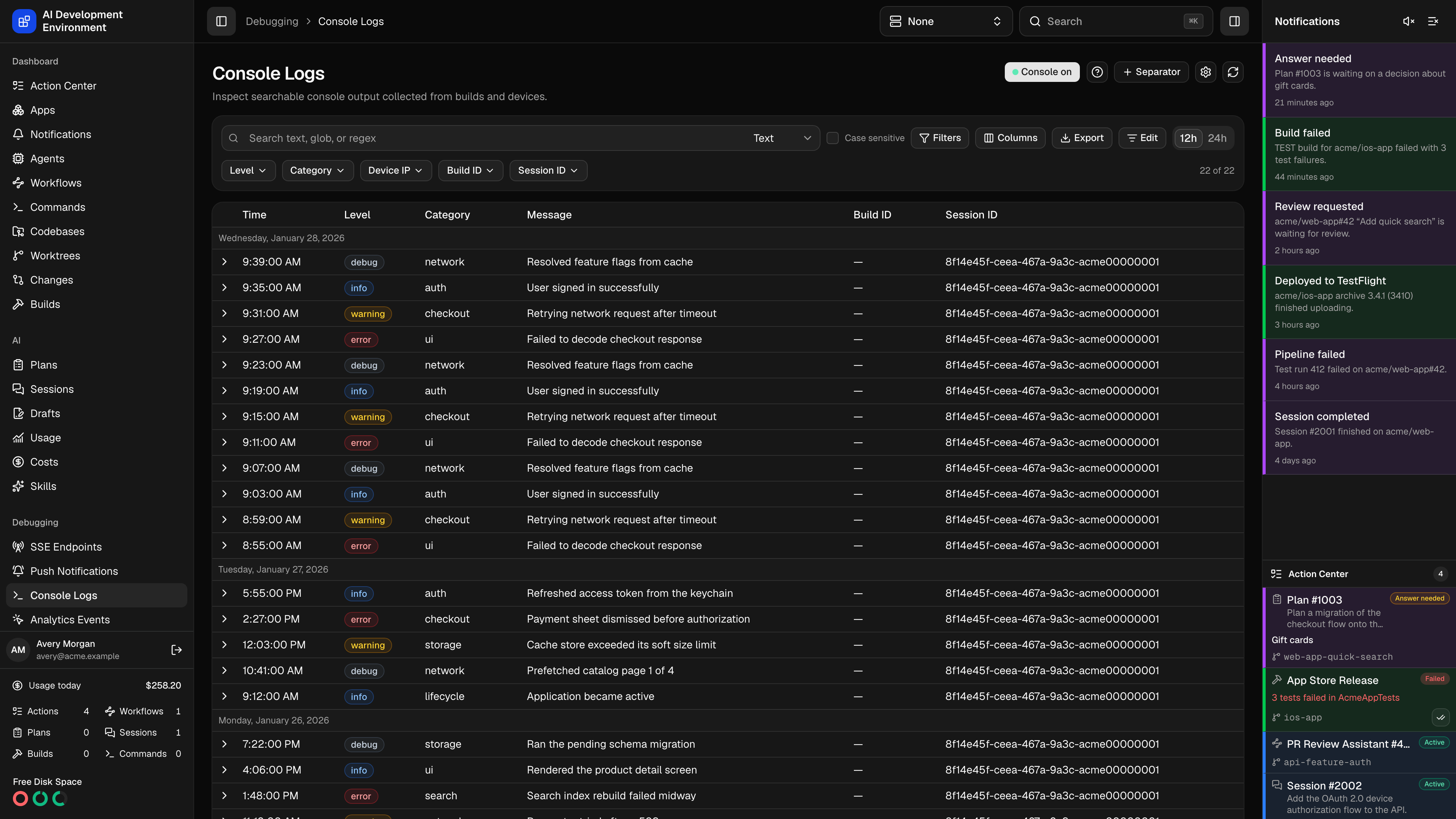 Console Logs in dark theme