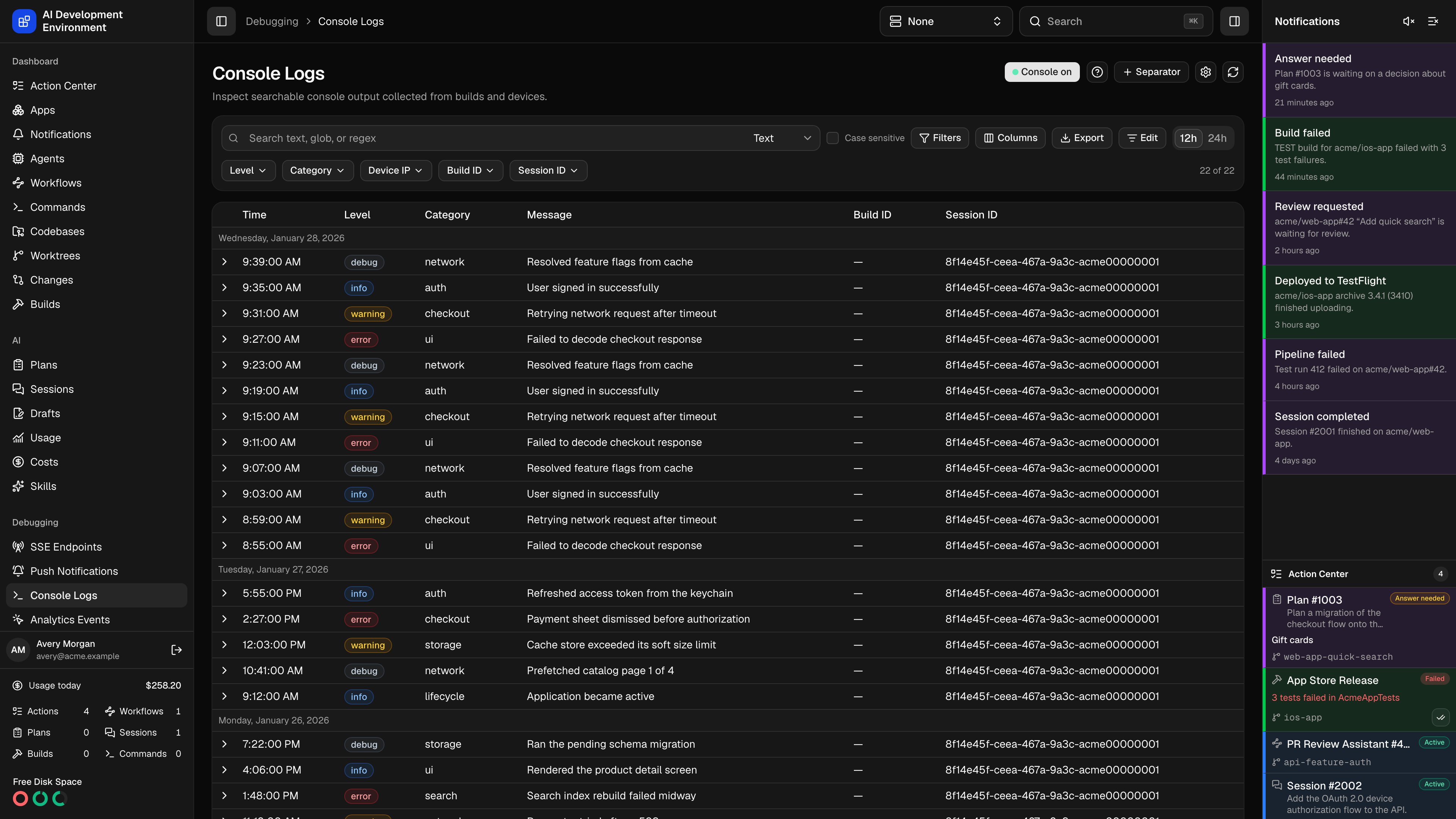 Console Logs in dark theme