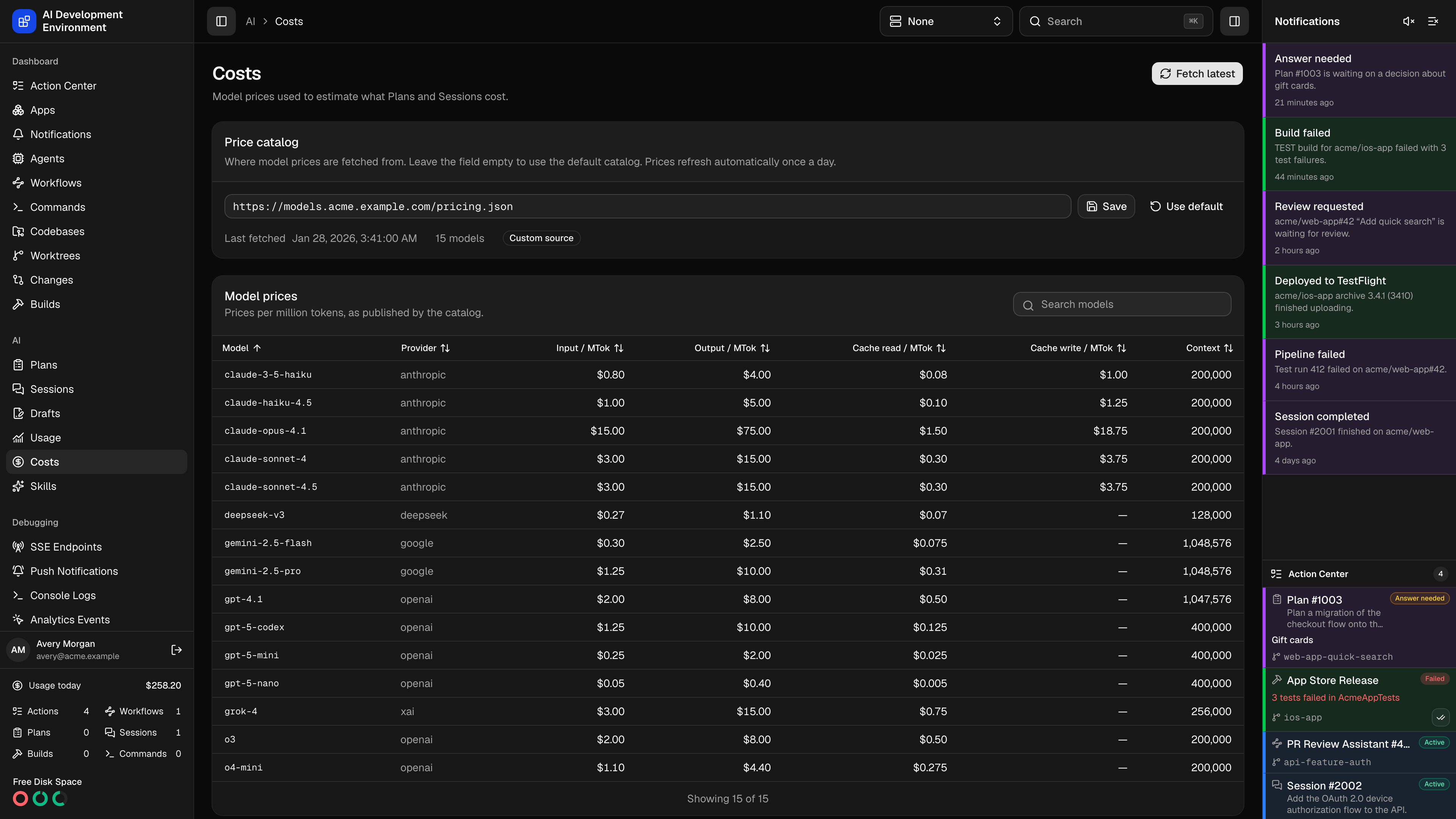 Costs page in dark theme