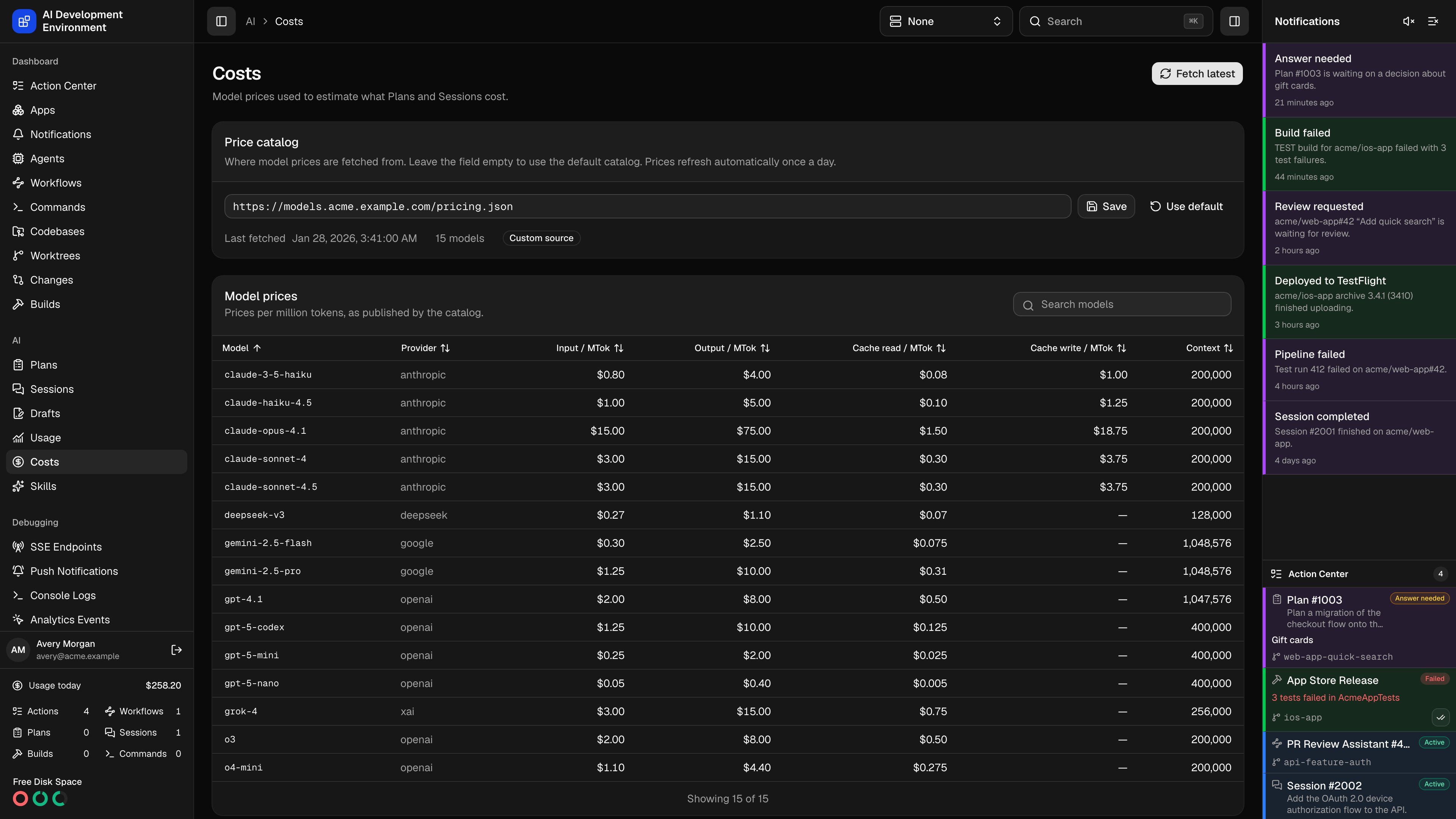 Costs page in dark theme