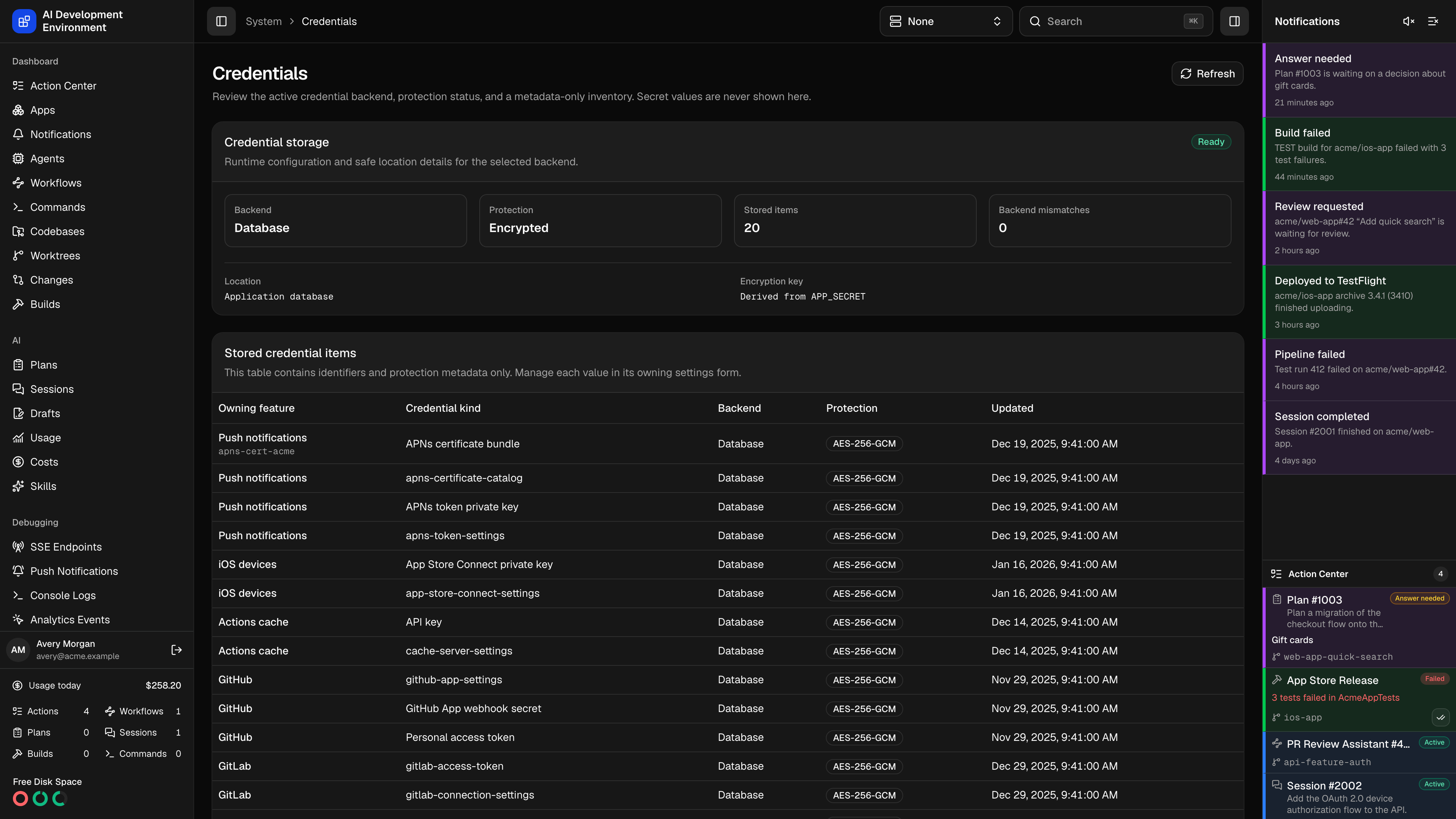 Credentials page in dark theme