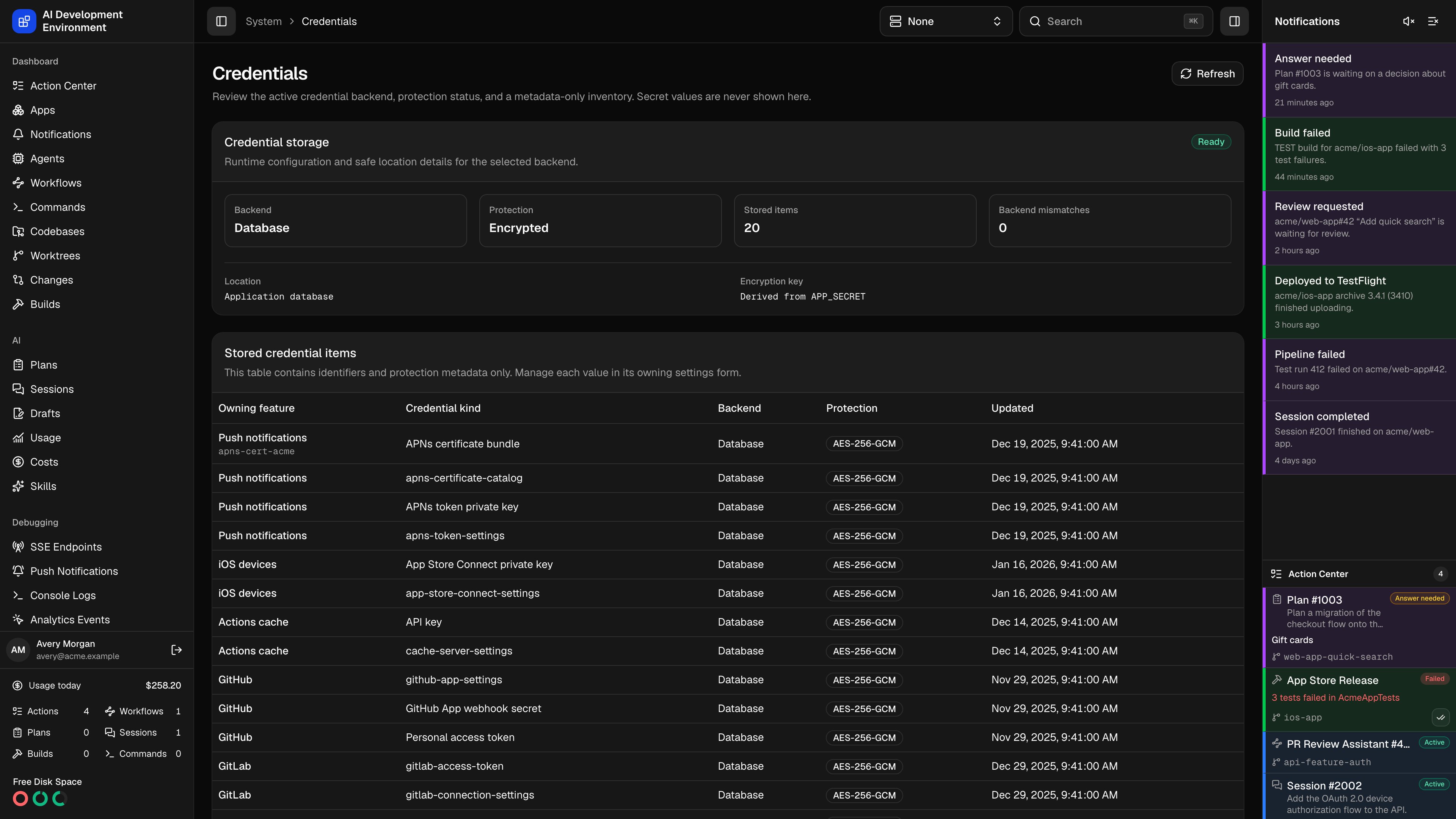 Credentials page in dark theme