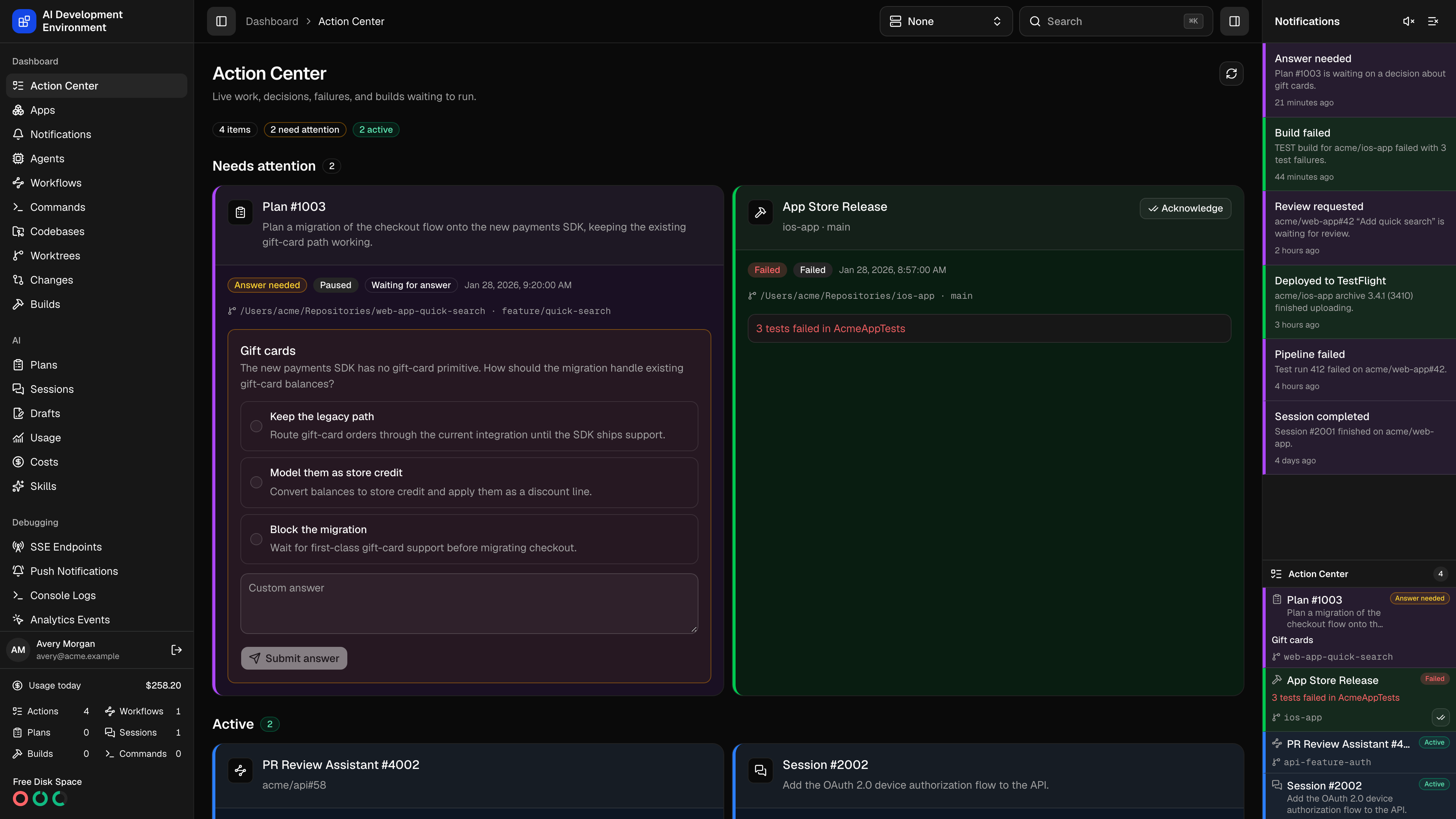 Action Center in dark theme