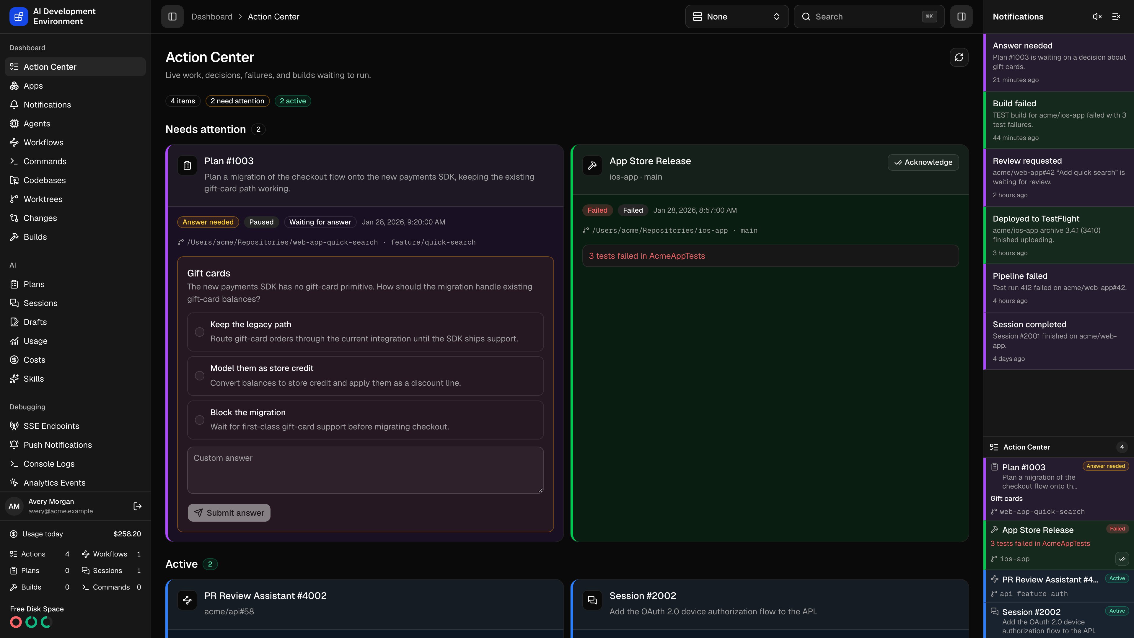Action Center in dark theme