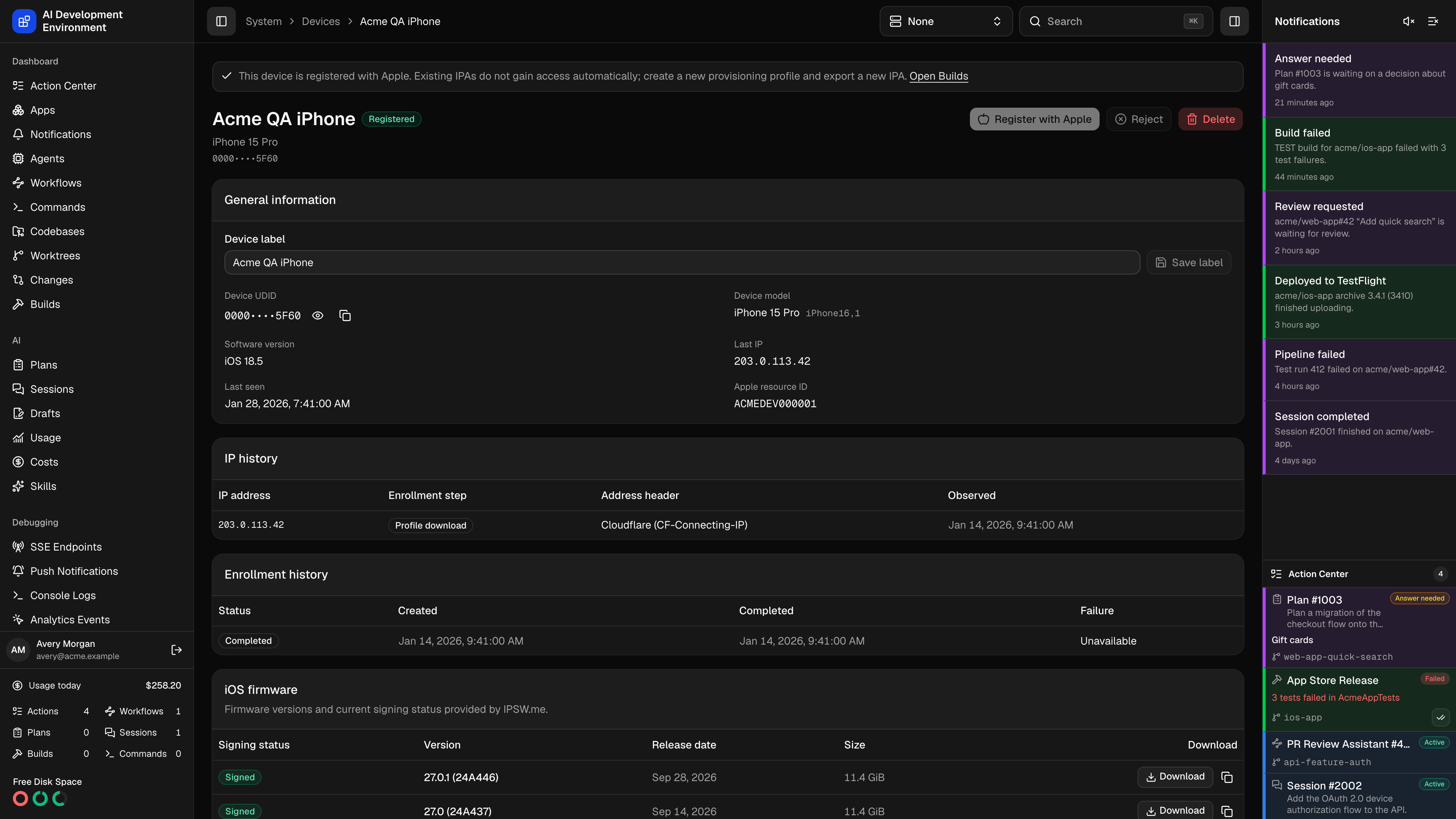 Device details page in dark theme
