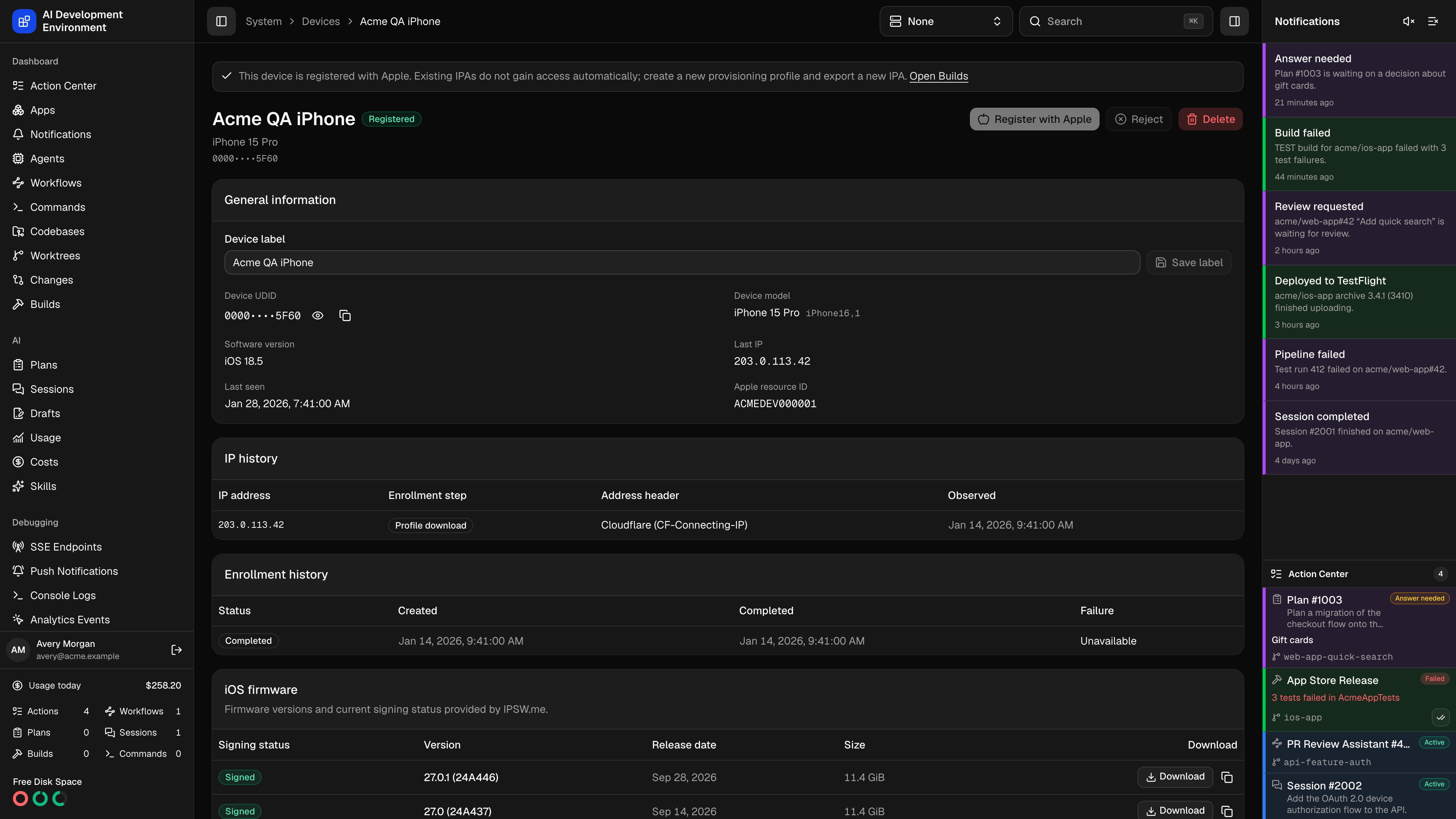 Device details page in dark theme